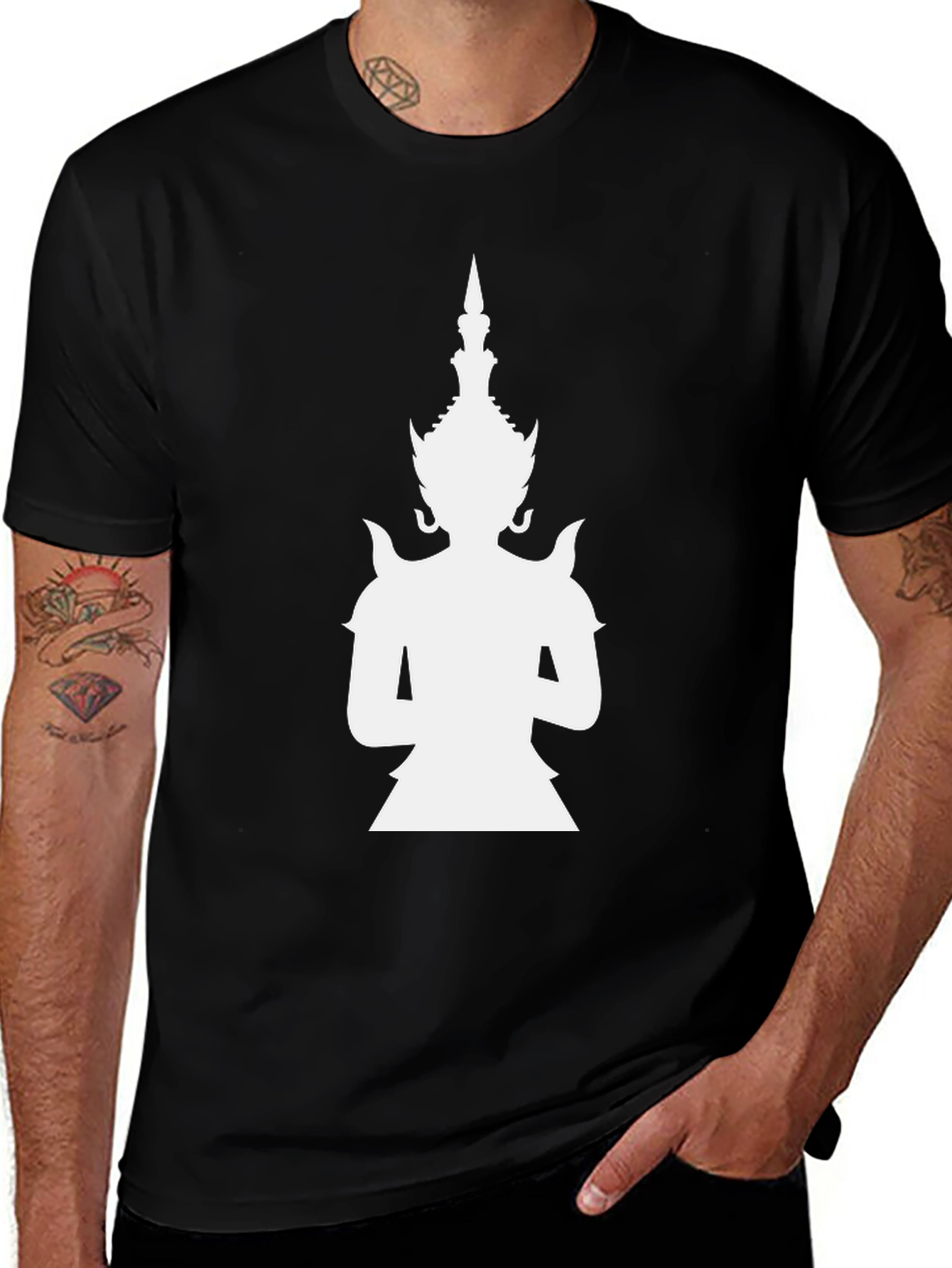 Black T-Shirt with White Thai Deity Graphic