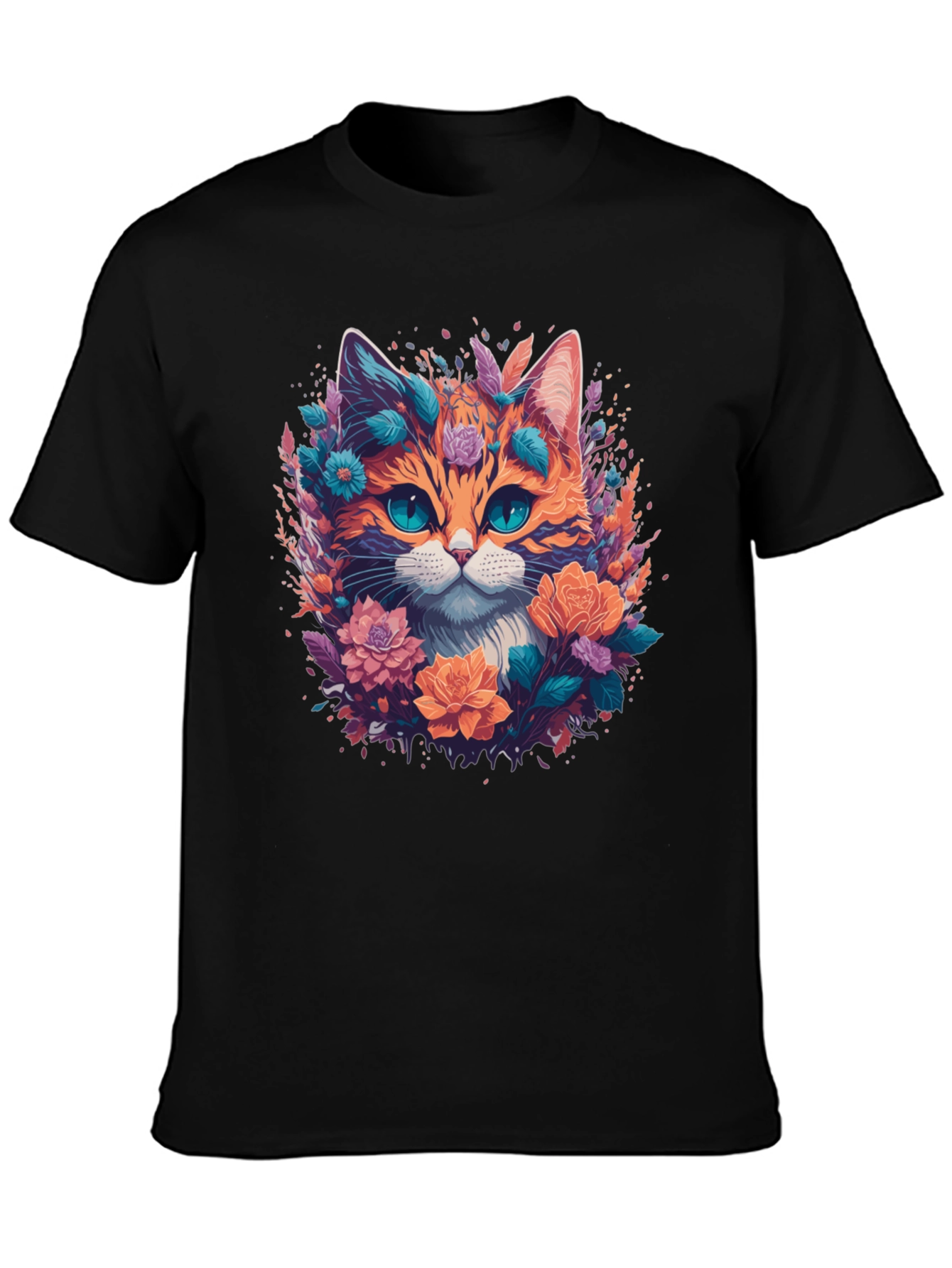 Floral Cat Graphic Tee - Mens Black T-Shirt