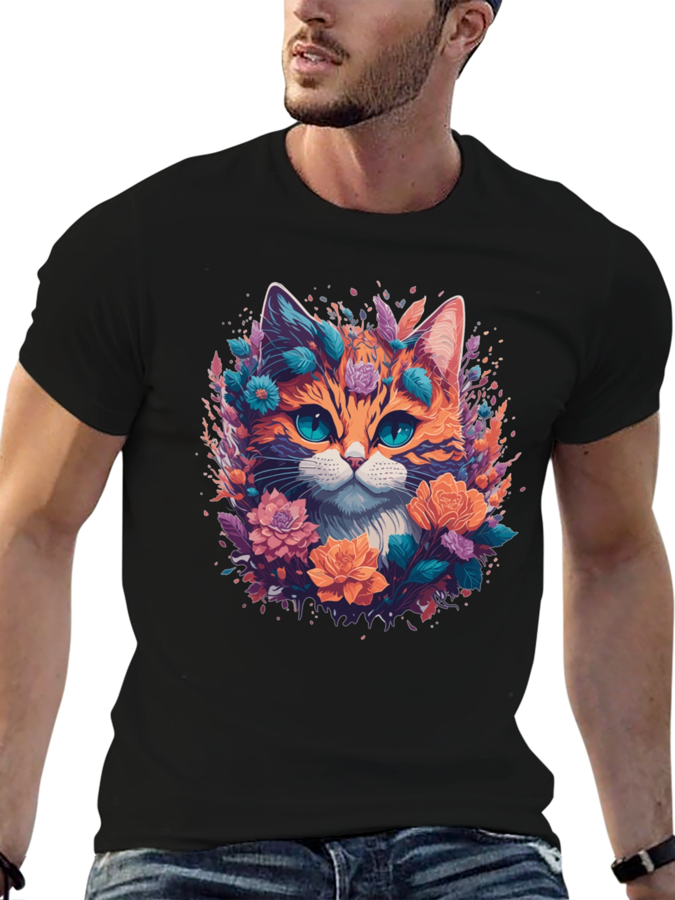 Floral Cat Graphic Tee - Mens Black T-Shirt