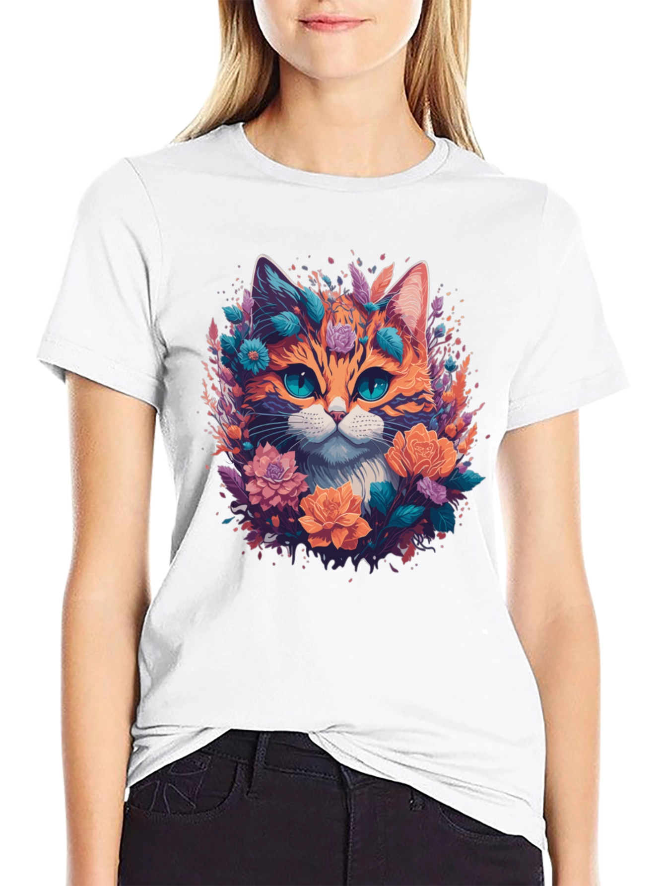 Floral Cat Graphic Tee - Mens Black T-Shirt