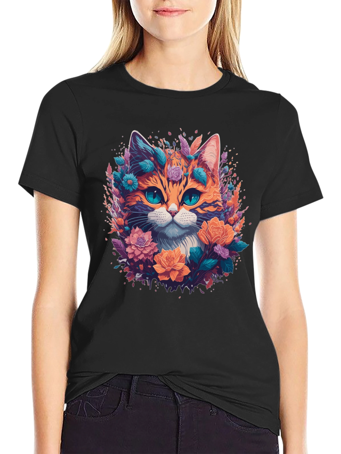 Floral Cat Graphic Tee - Mens Black T-Shirt