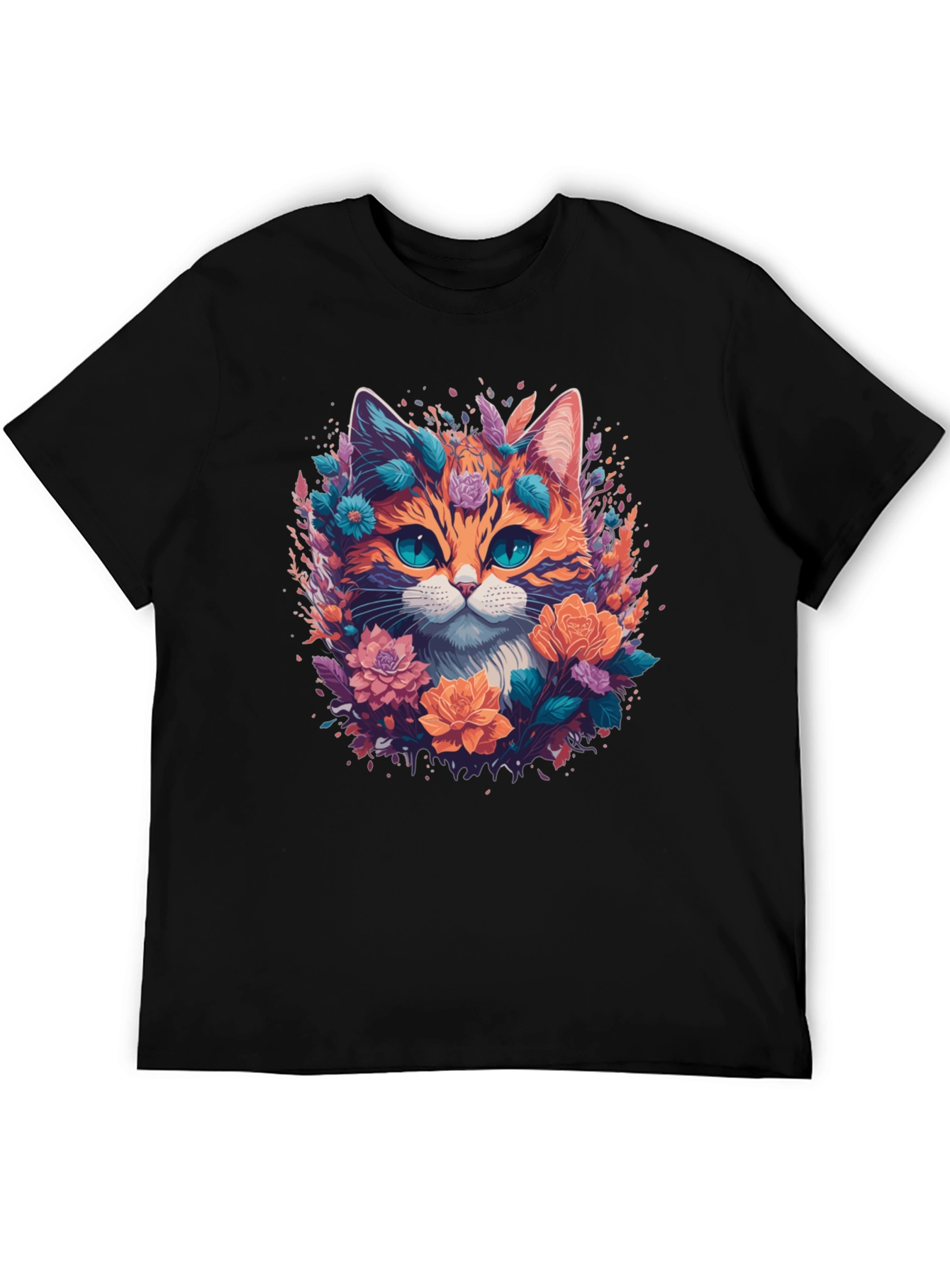 Floral Cat Graphic Tee - Mens Black T-Shirt