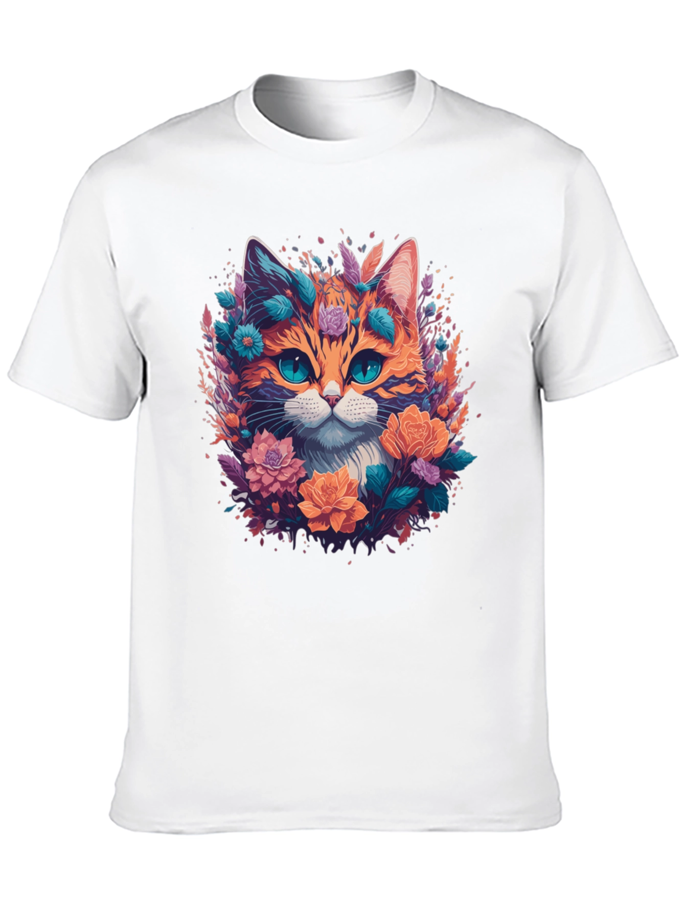 Floral Cat Graphic Tee - Mens Black T-Shirt