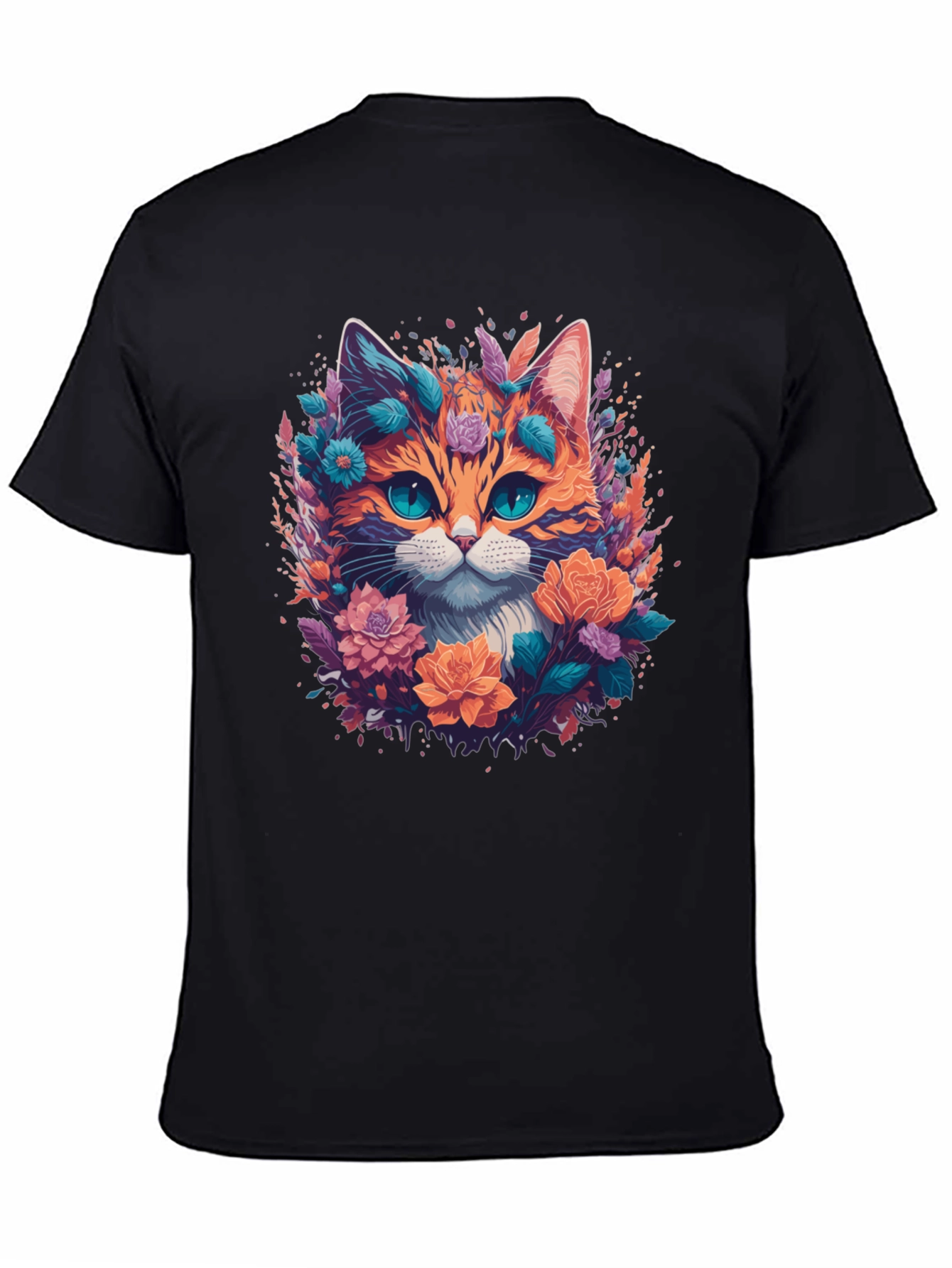 Floral Cat Graphic Tee - Mens Black T-Shirt