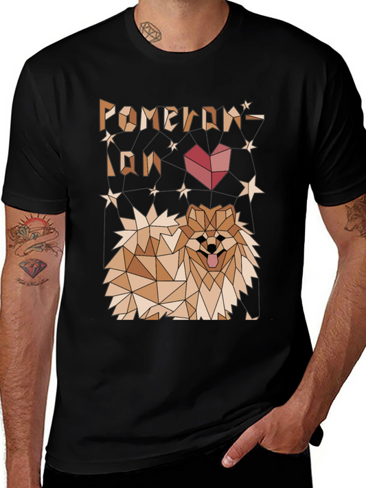 Geometric Pomeranian Dog Graphic Tee - Black