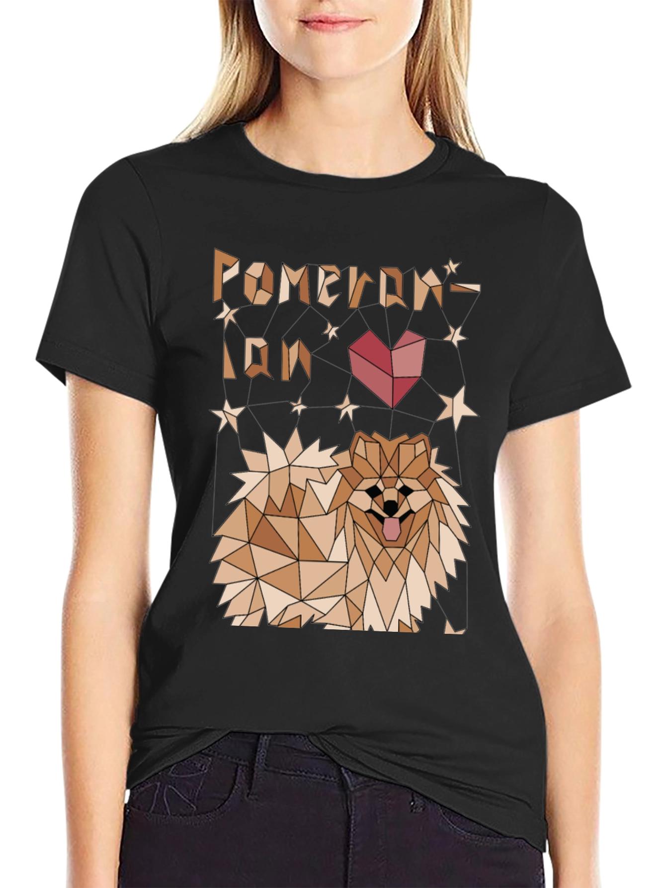 Geometric Pomeranian Dog Graphic Tee - Black