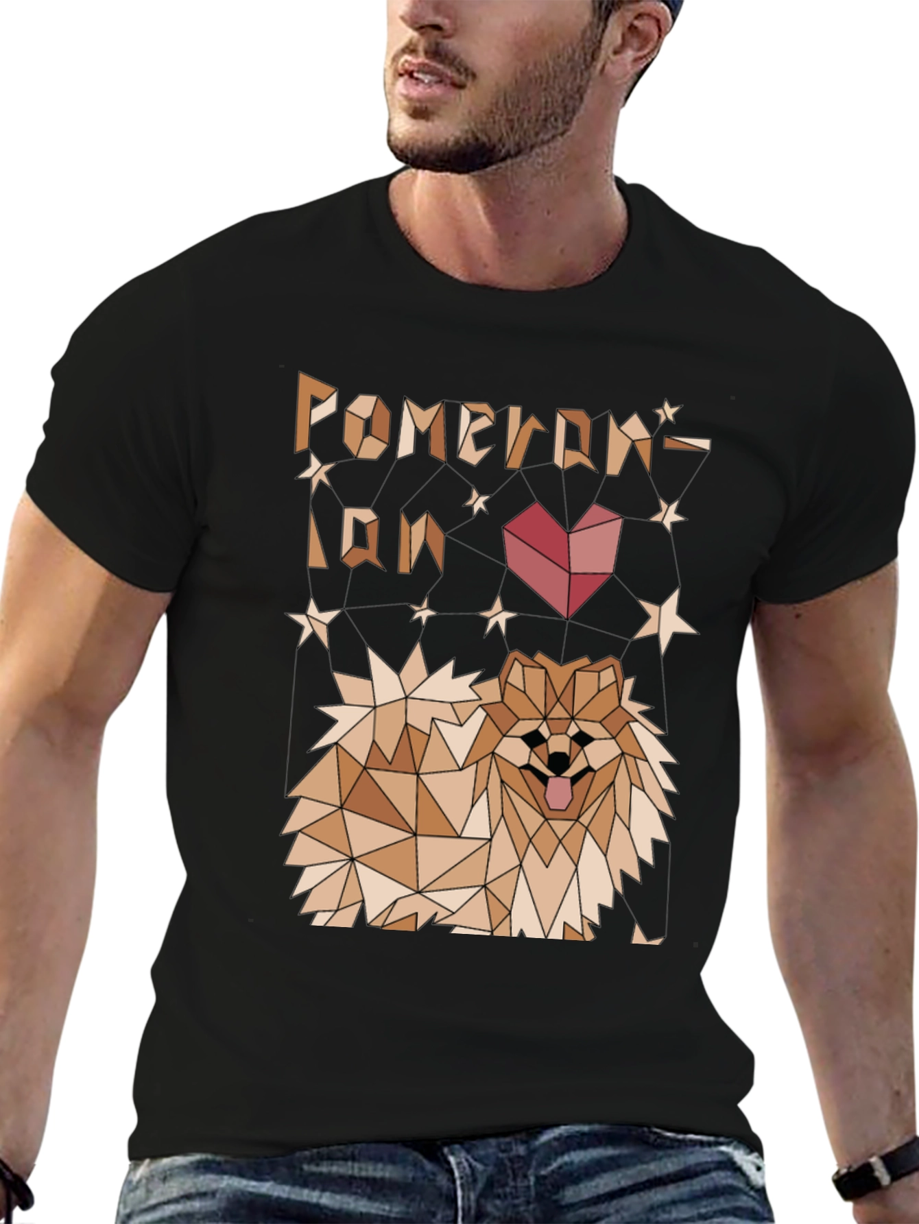 Geometric Pomeranian Dog Graphic Tee - Black