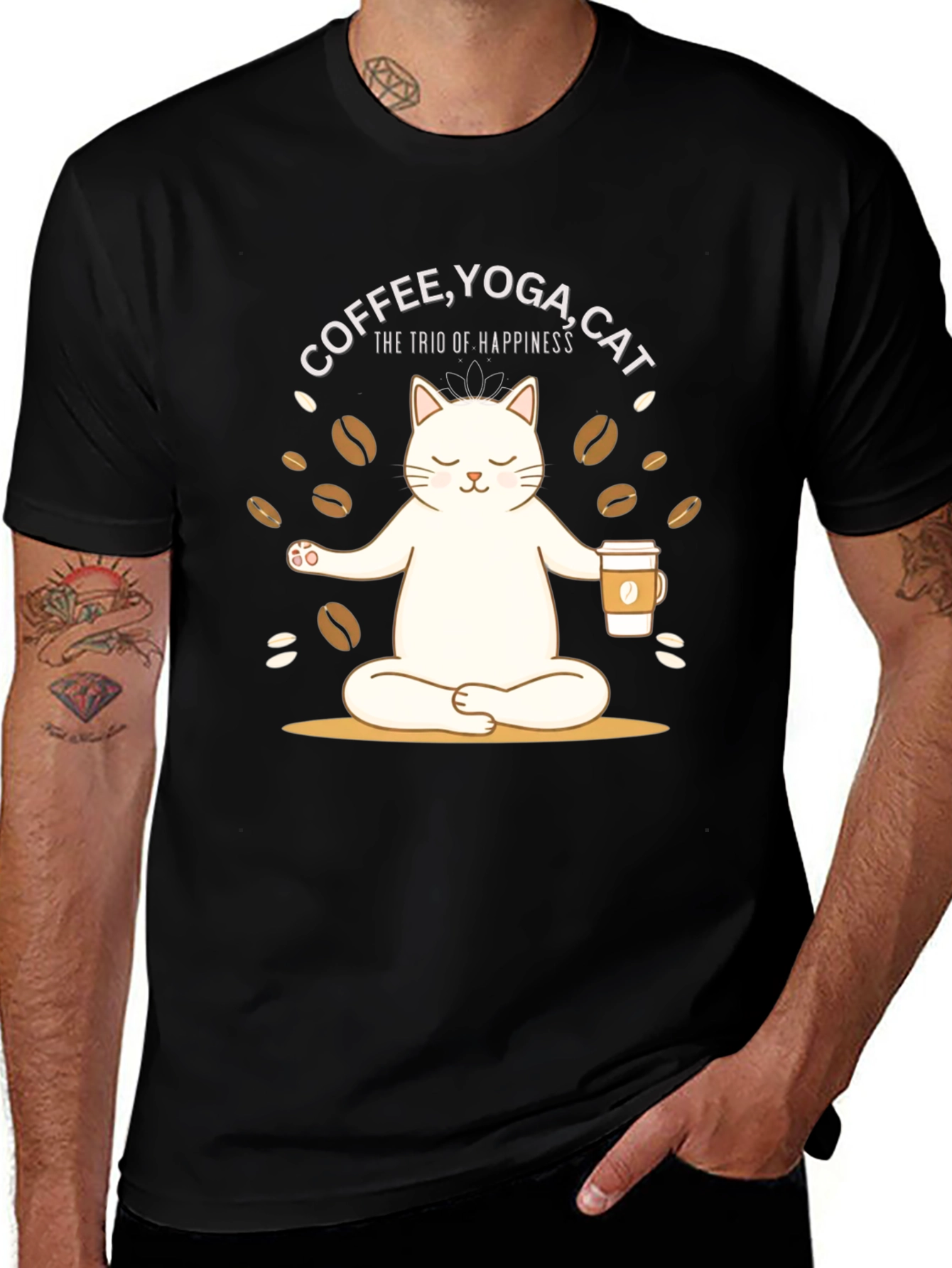 Coffee Yoga Cat Trio of Happiness Graphic Tee