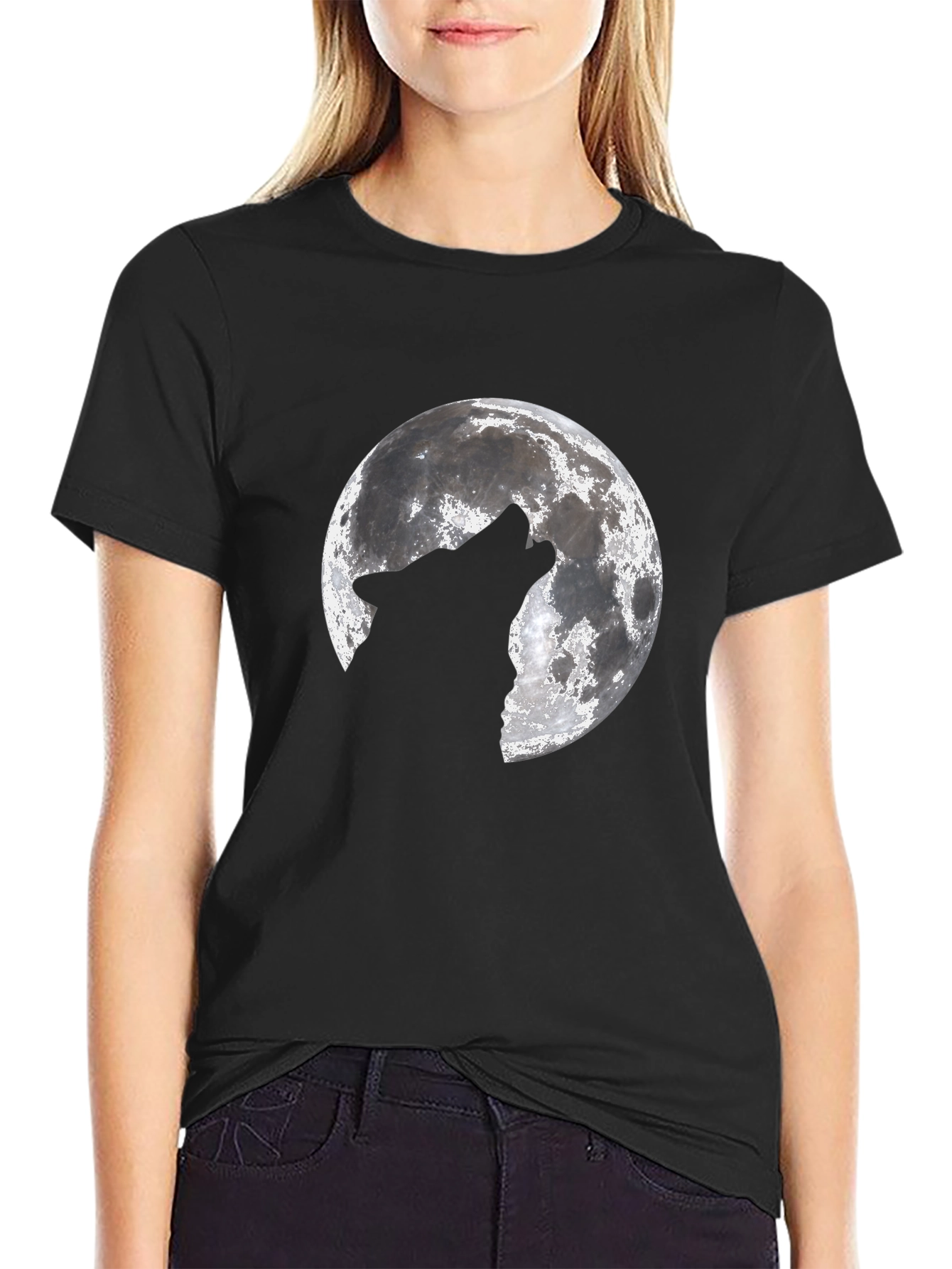 Wolf Howling at Moon Graphic Black T-Shirt
