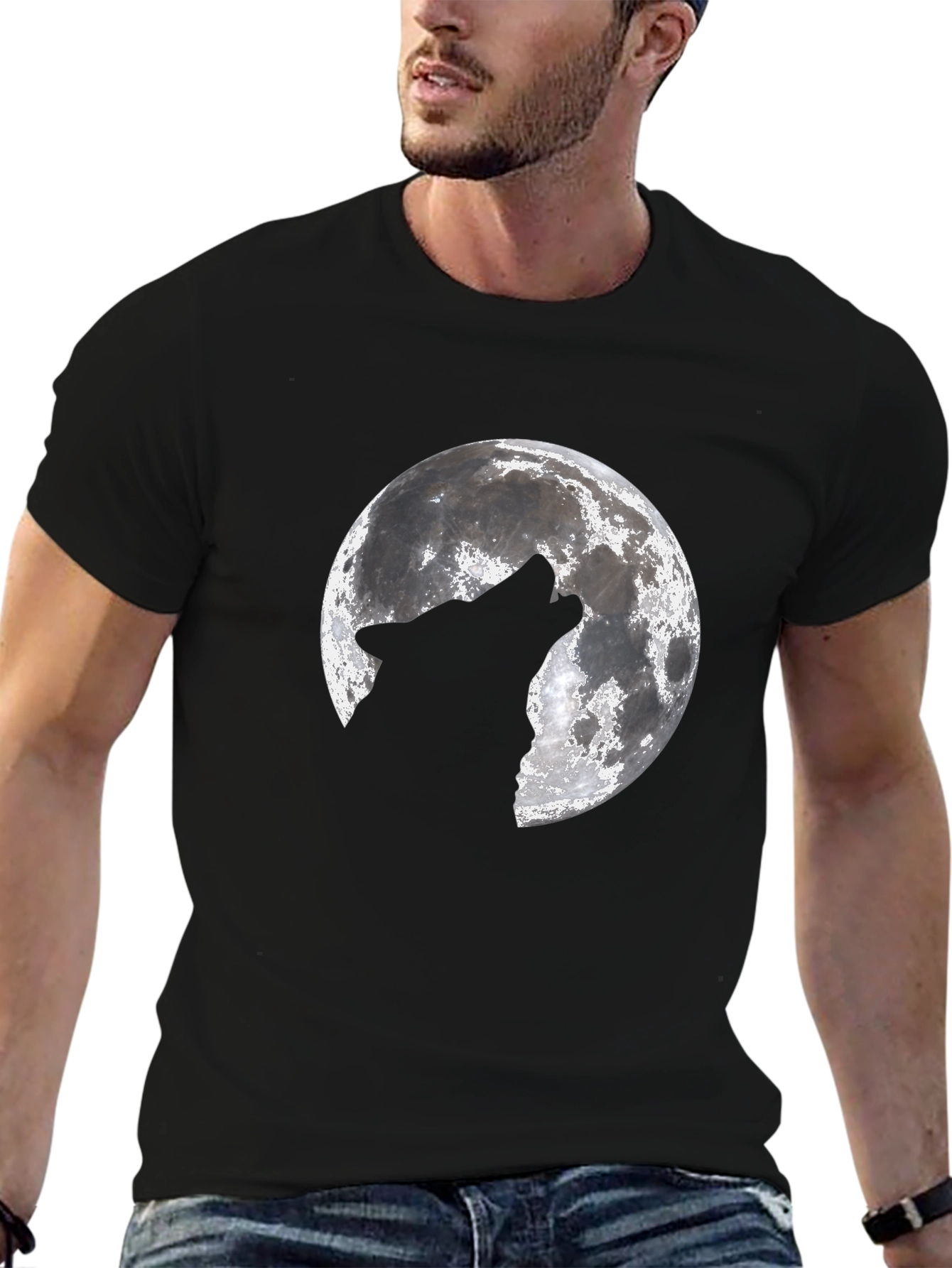 Wolf Howling at Moon Graphic Black T-Shirt