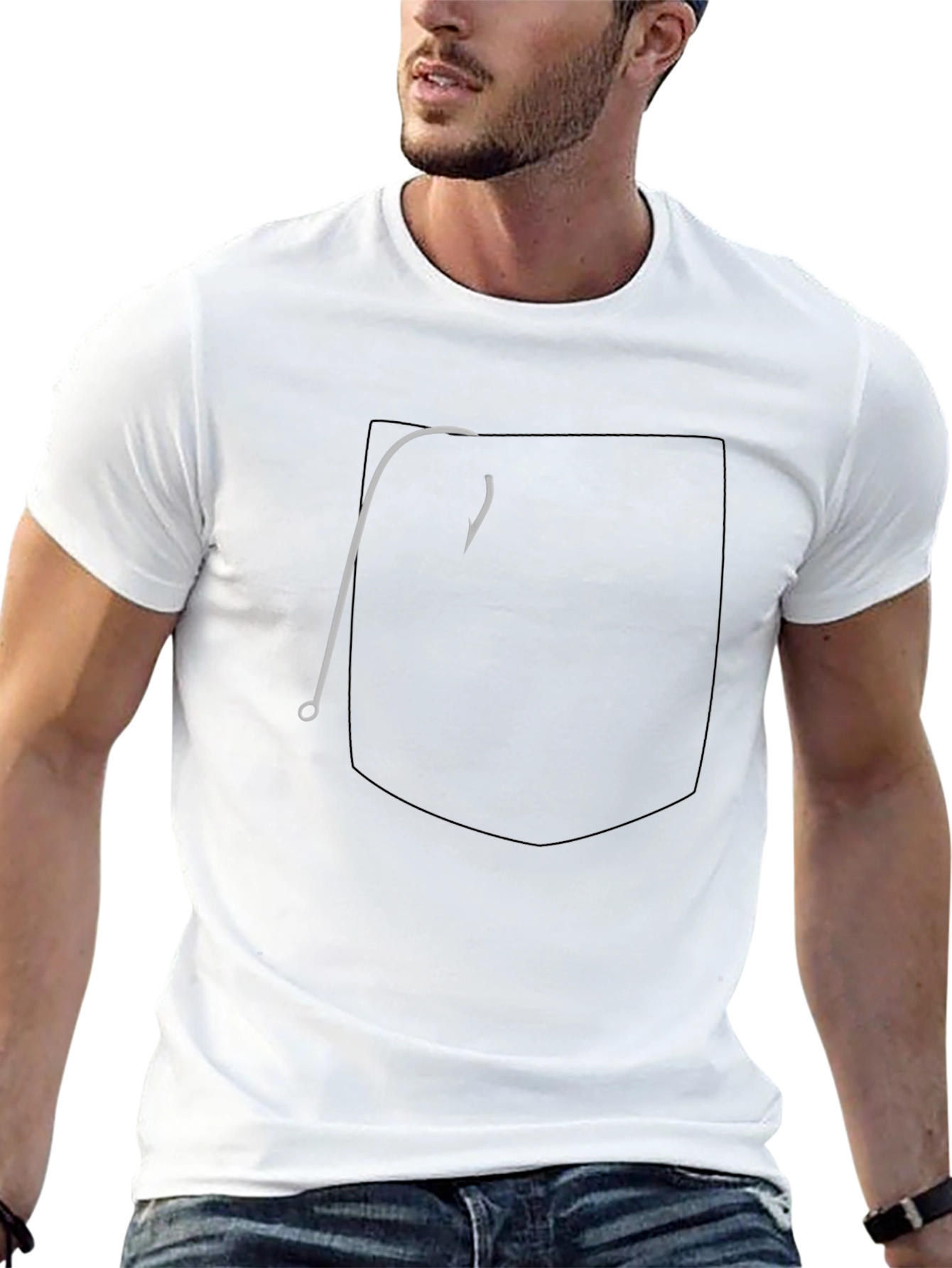 Mens Black Graphic Tee: Pocket Fish Hook Design
