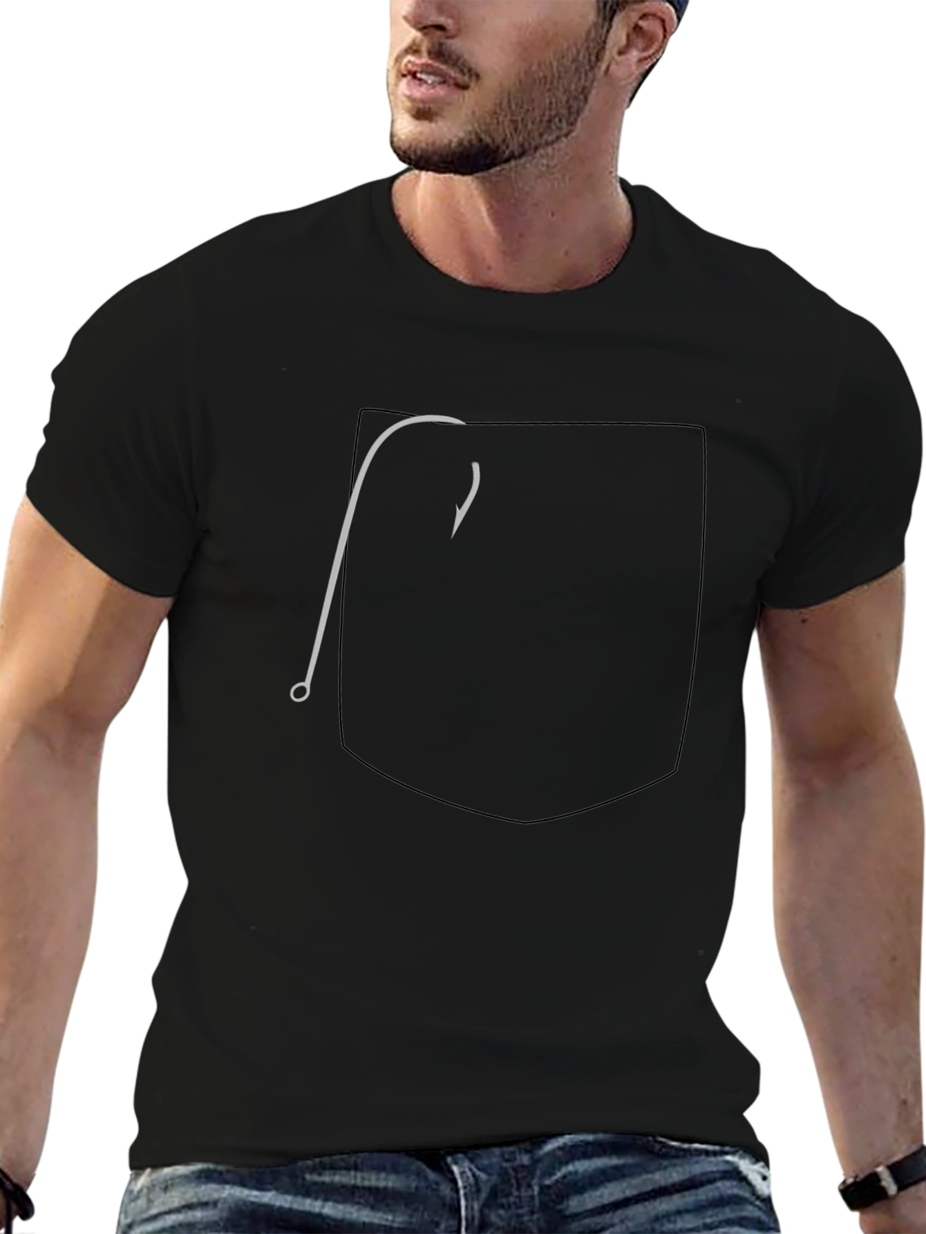 Mens Black Graphic Tee: Pocket Fish Hook Design