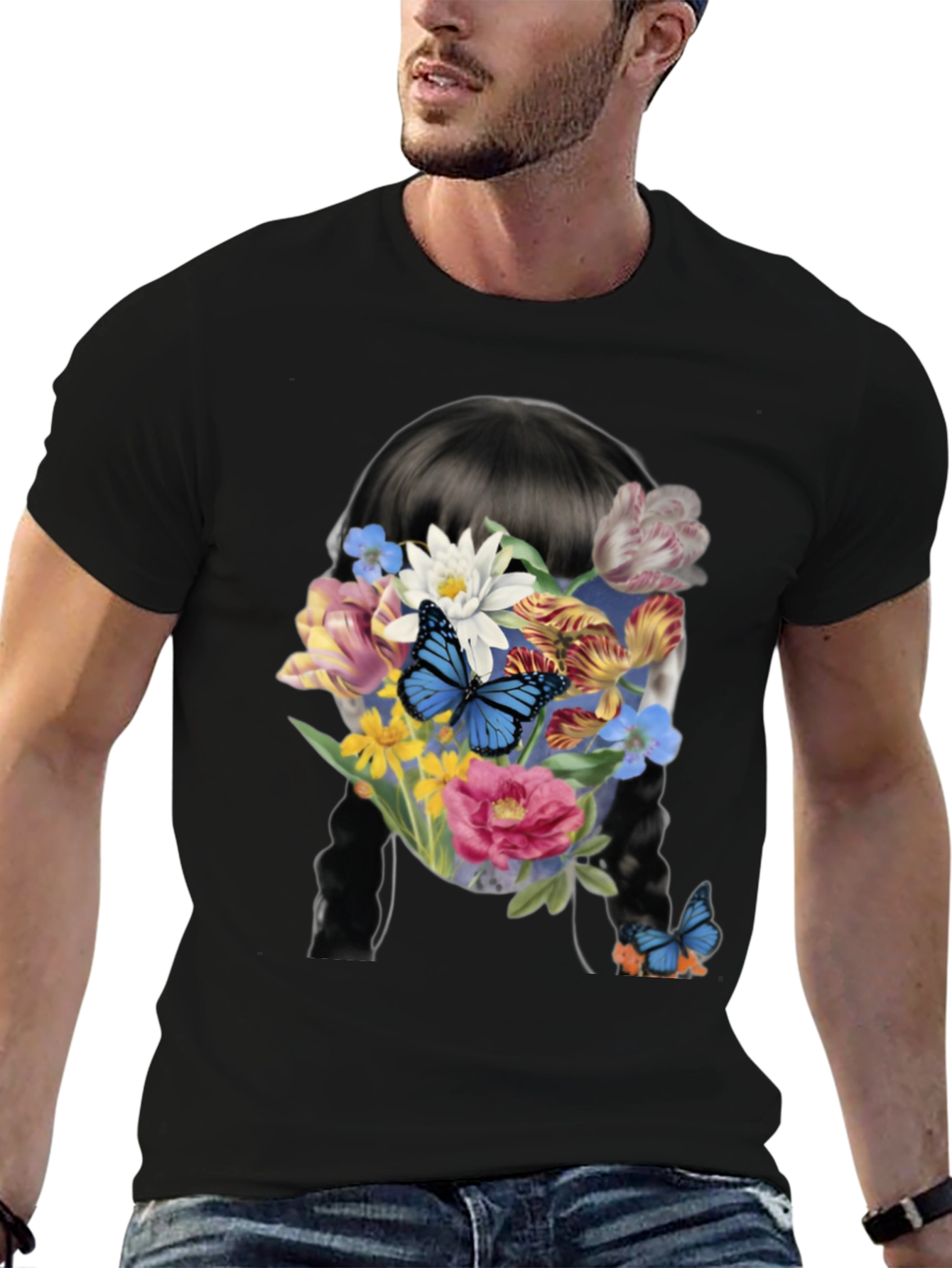 Floral Butterfly Graphic Tee - Trendy Black T-Shirt