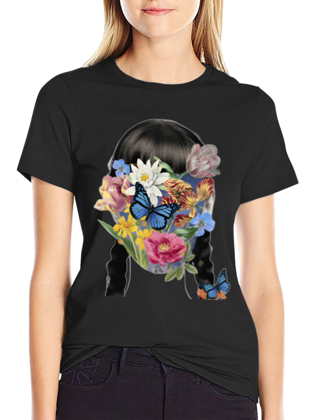 Floral Butterfly Graphic Tee - Trendy Black T-Shirt