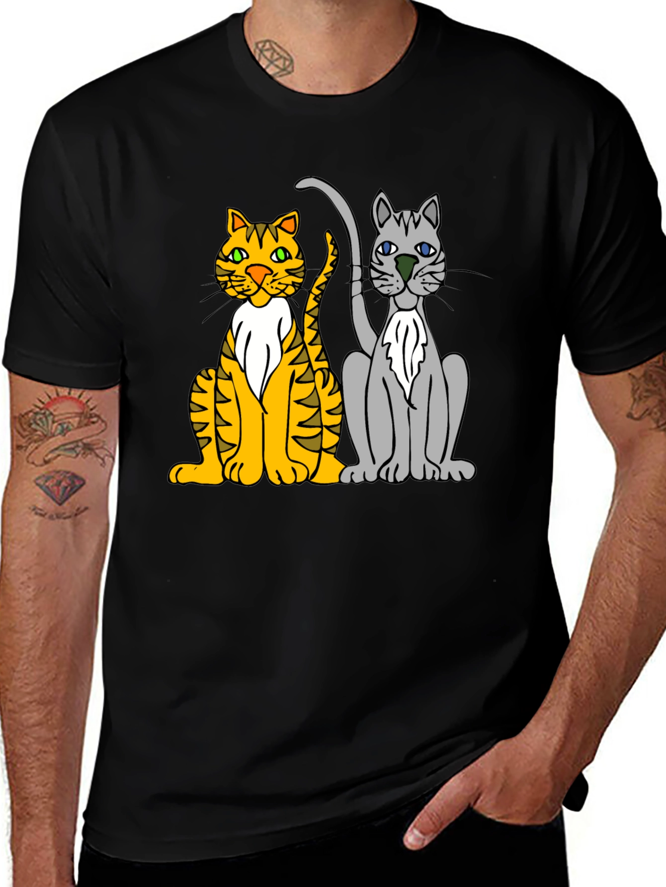 Cartoon Cats Graphic Tee - Mens Black T-Shirt