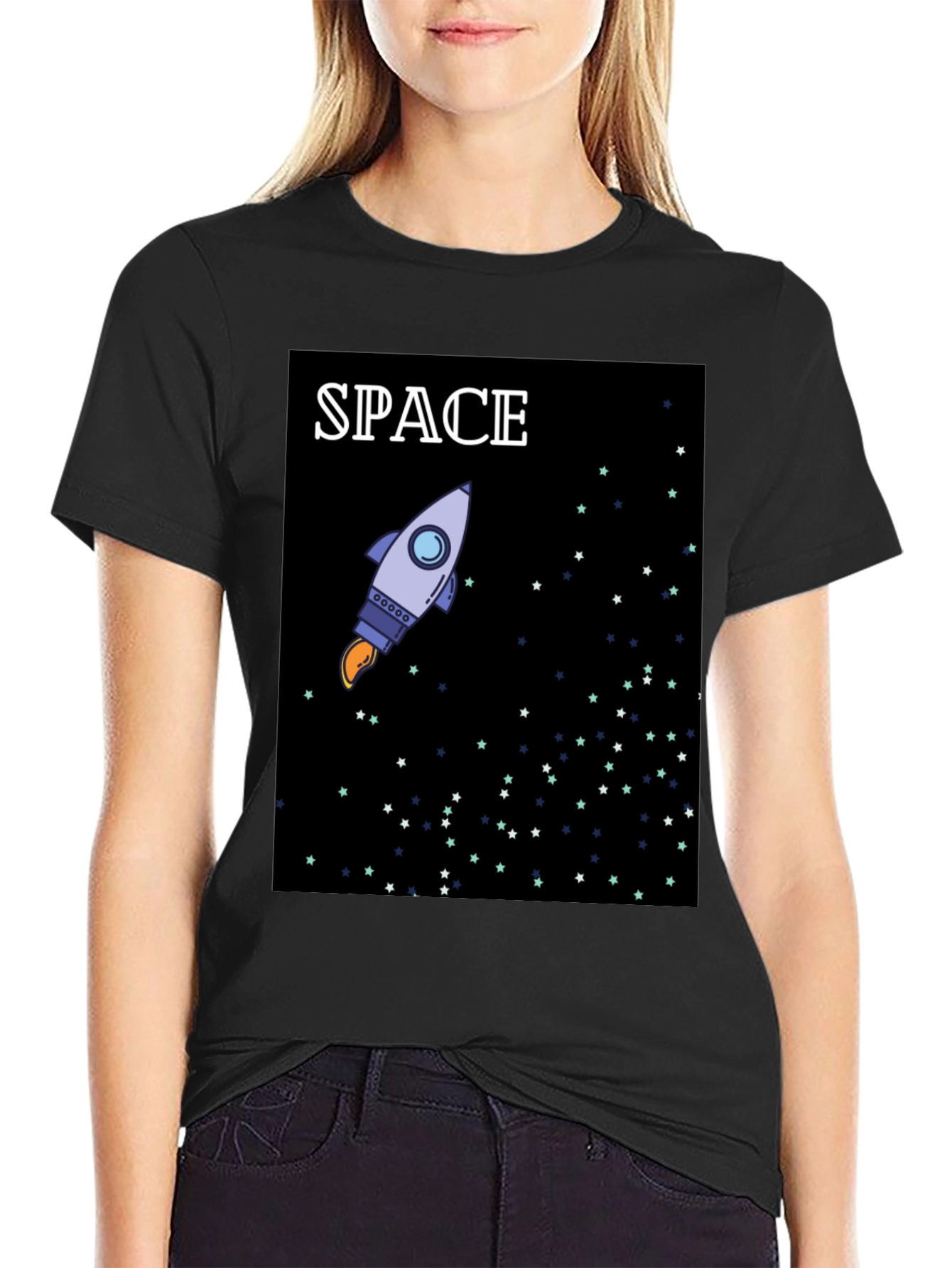 Space Rocket Graphic Black T-Shirt