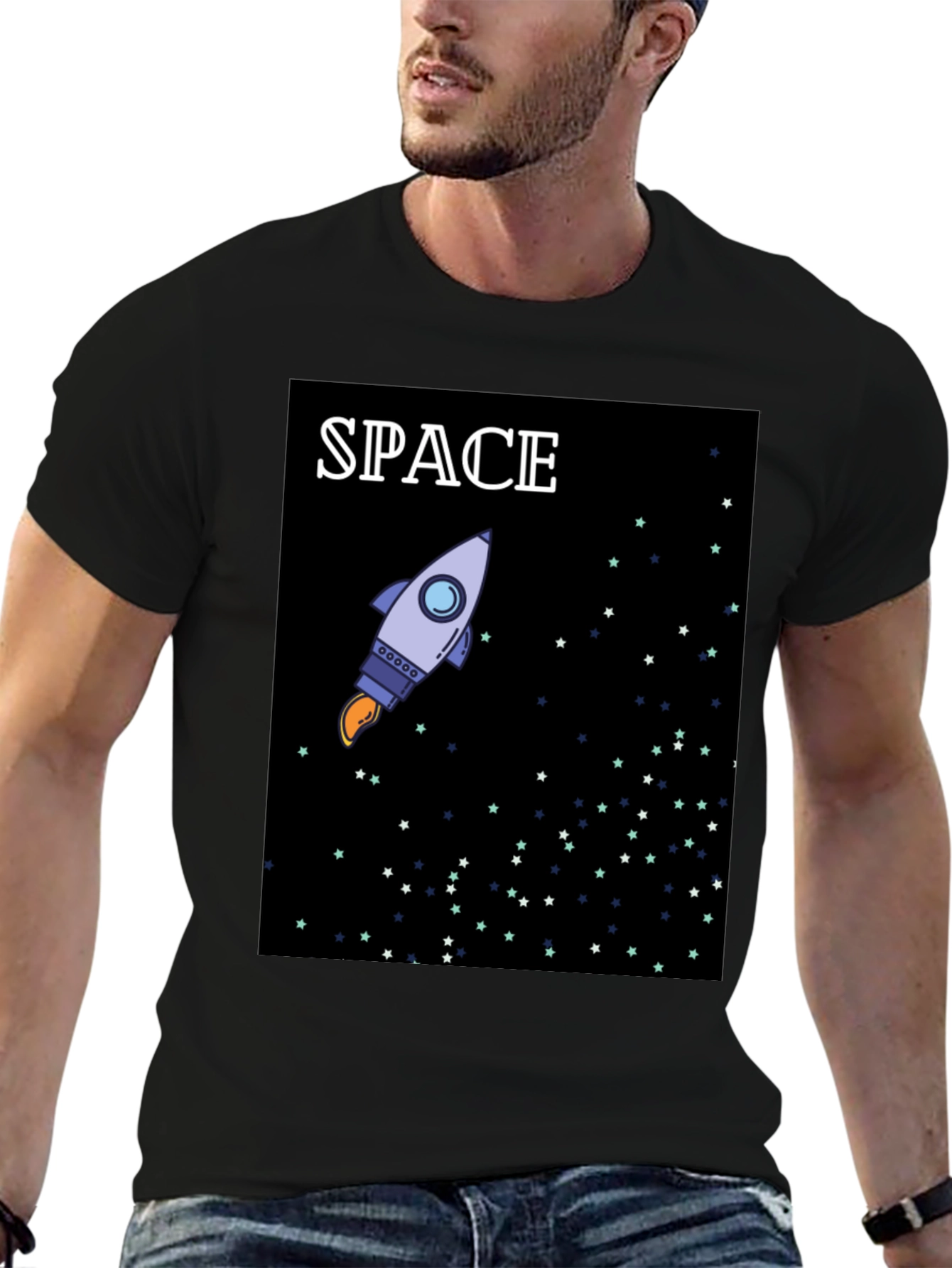 Space Rocket Graphic Black T-Shirt
