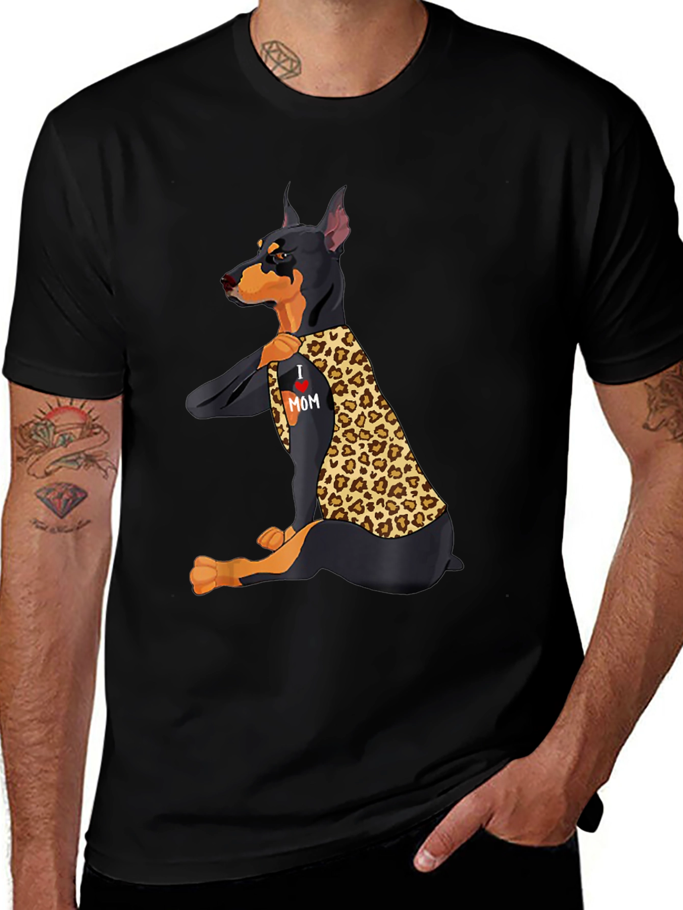 Doberman Leopard Print I Love Mom T-Shirt