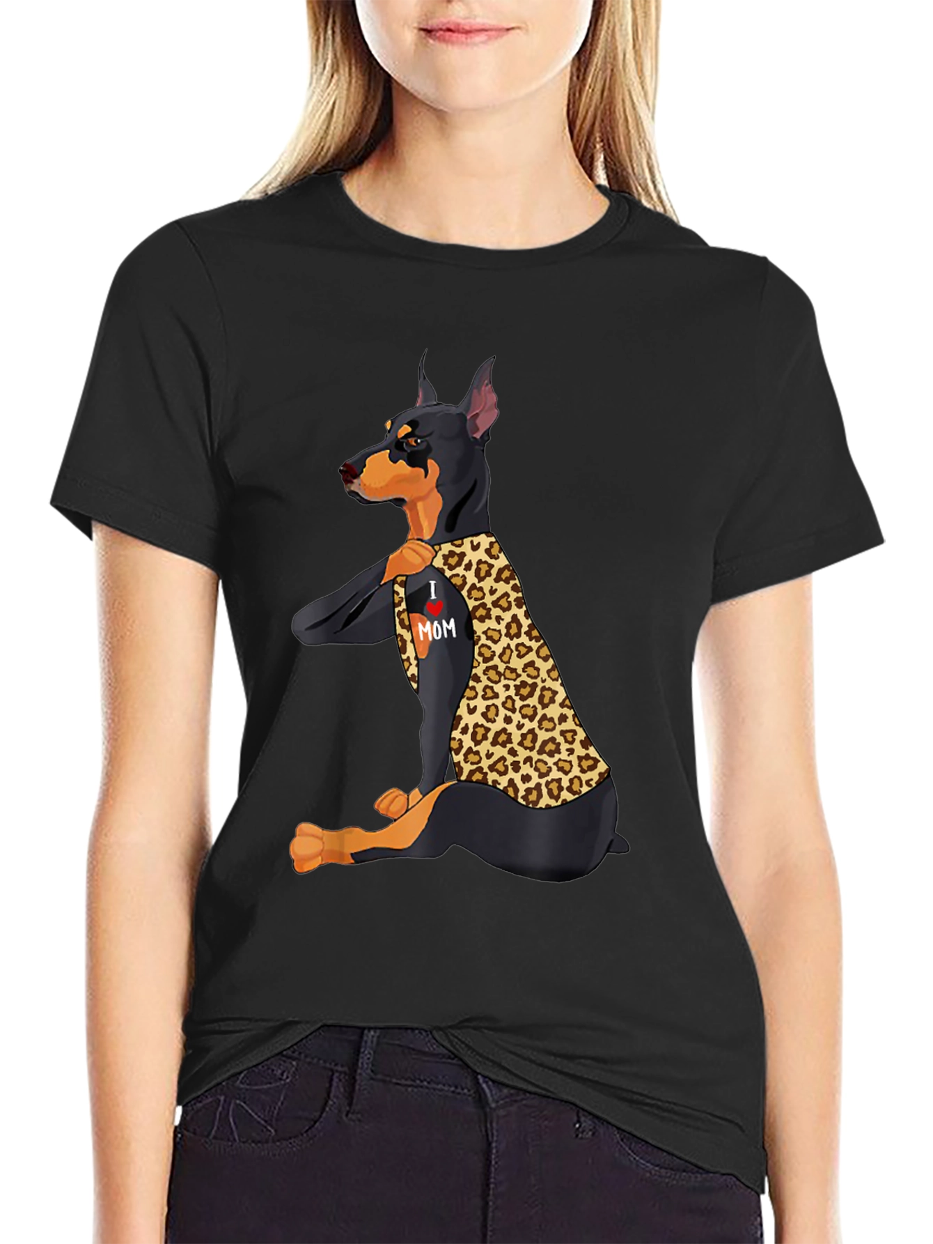 Doberman Leopard Print I Love Mom T-Shirt