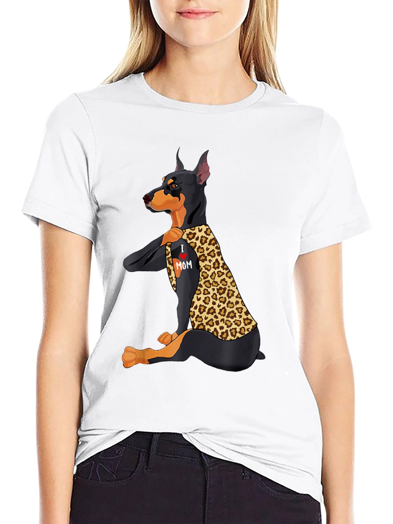 Doberman Leopard Print I Love Mom T-Shirt