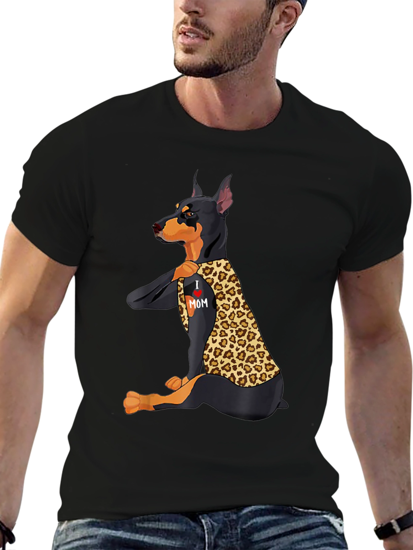 Doberman Leopard Print I Love Mom T-Shirt