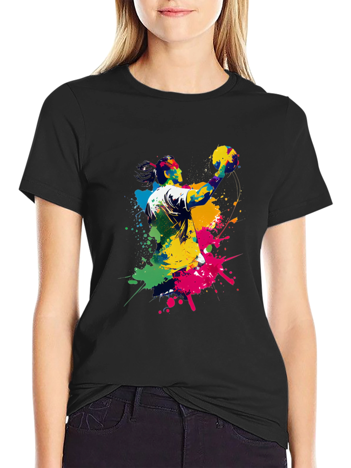 Abstract Handball Player Graphic Tee - Black Cotton