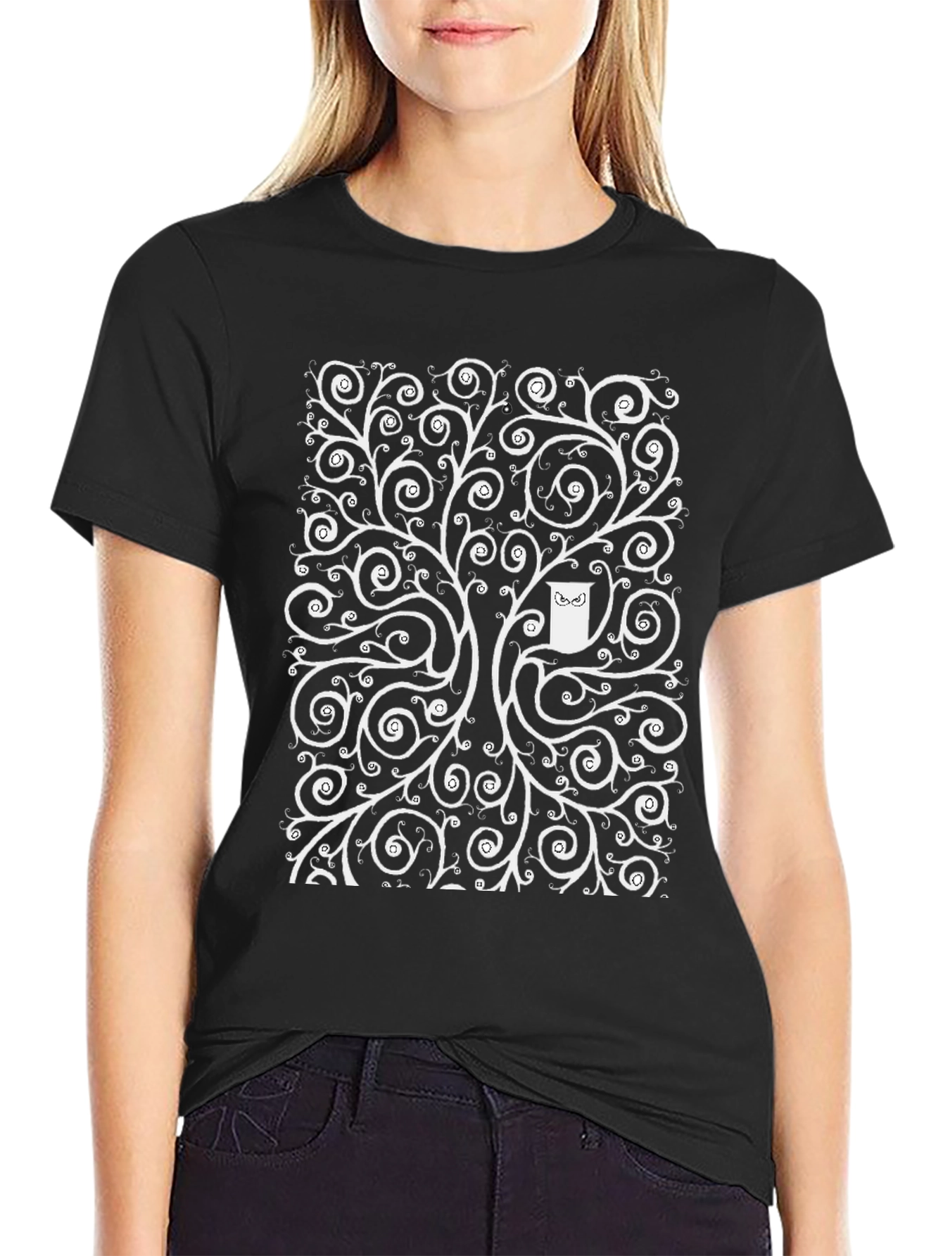 Whimsical Owl Tree Black T-Shirt