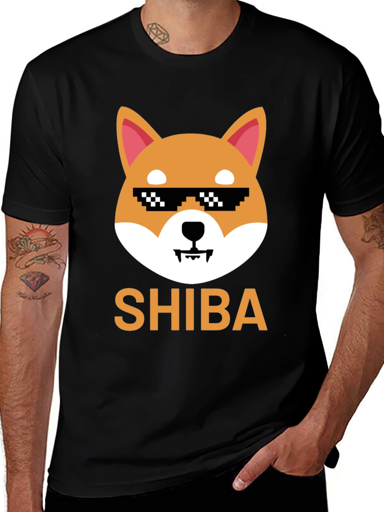Shiba Inu Dog Pixel Sunglasses Mens Black T-Shirt