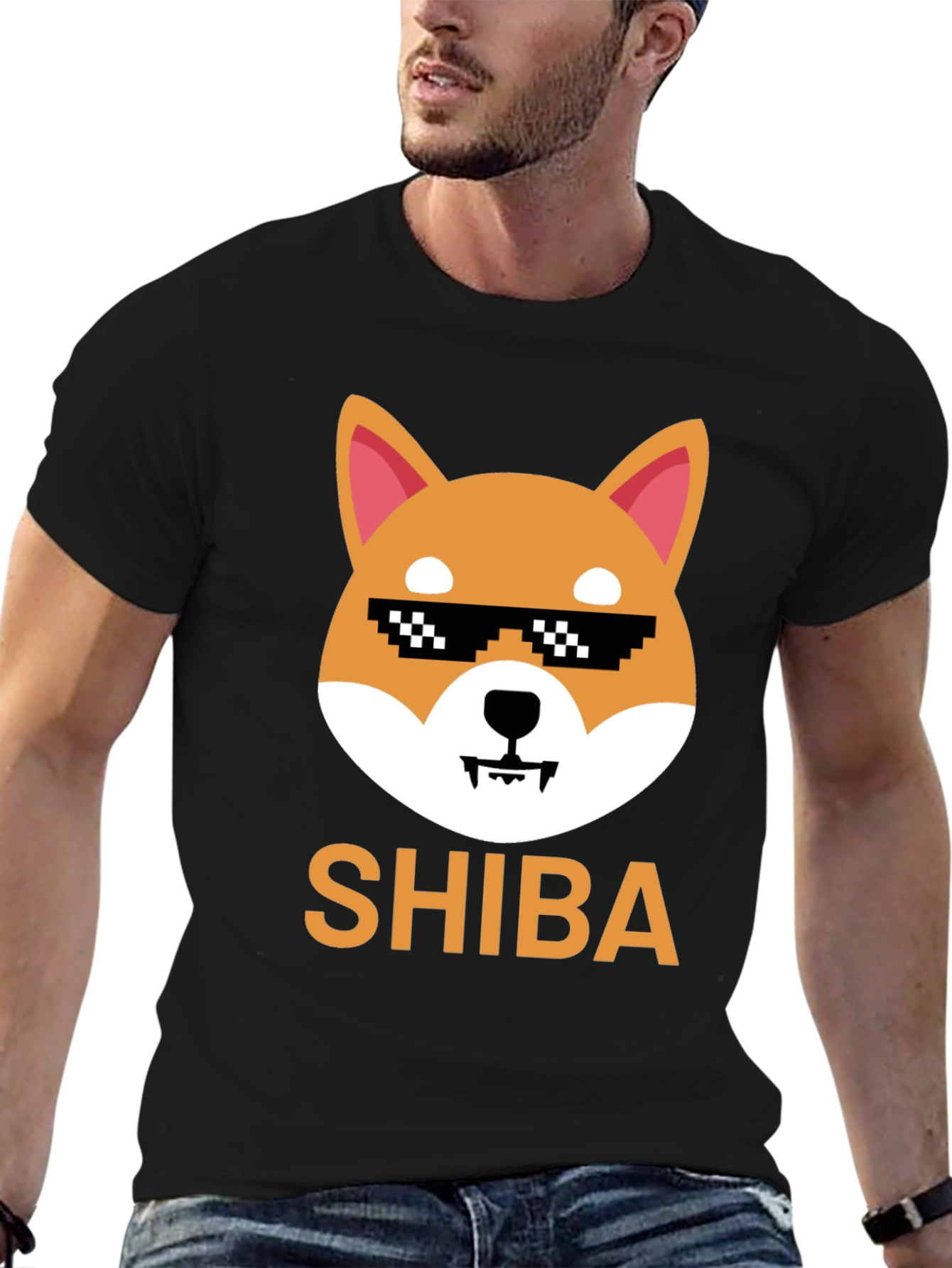 Shiba Inu Dog Pixel Sunglasses Mens Black T-Shirt
