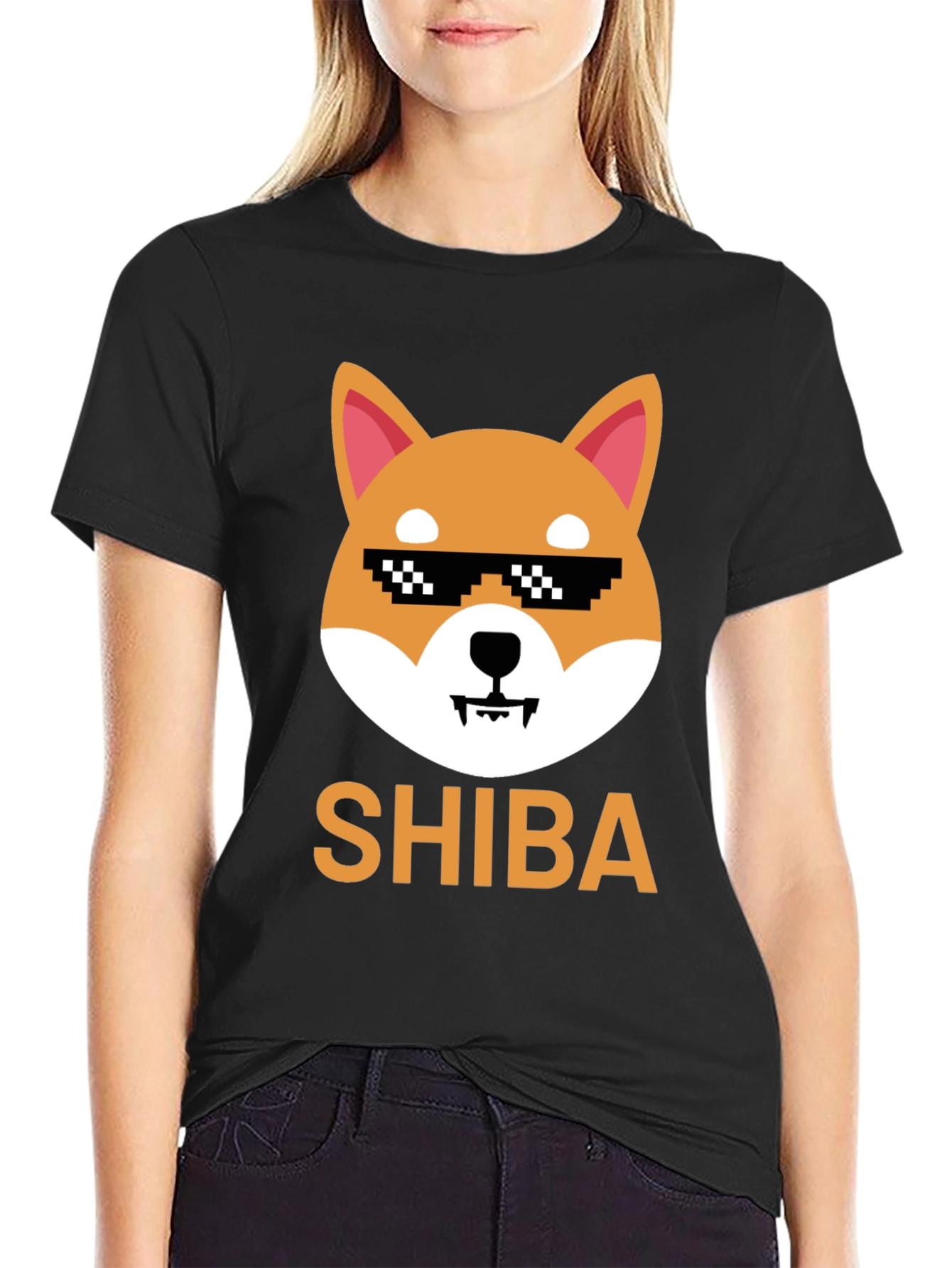 Shiba Inu Dog Pixel Sunglasses Mens Black T-Shirt