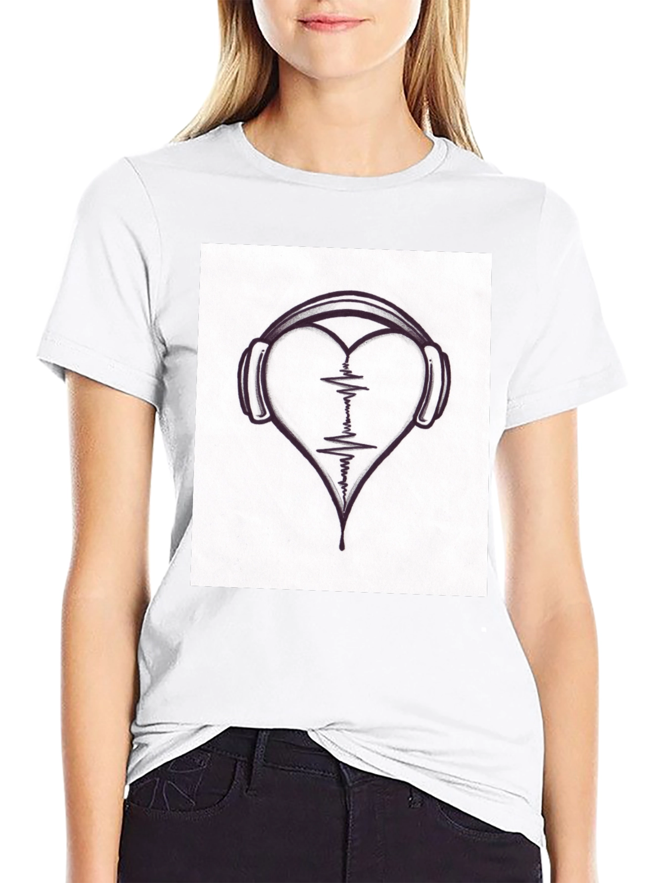 Heartbeat Headphones Black T-Shirt - Music Lover Tee