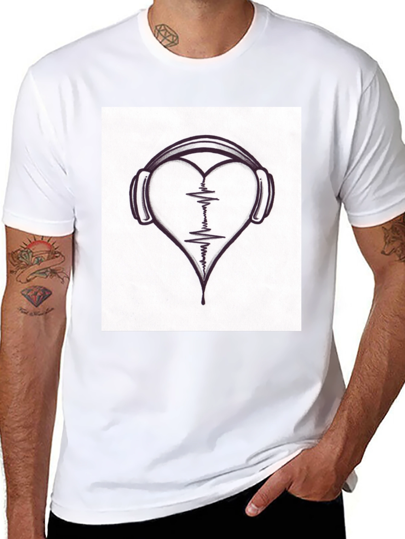 Heartbeat Headphones Black T-Shirt - Music Lover Tee
