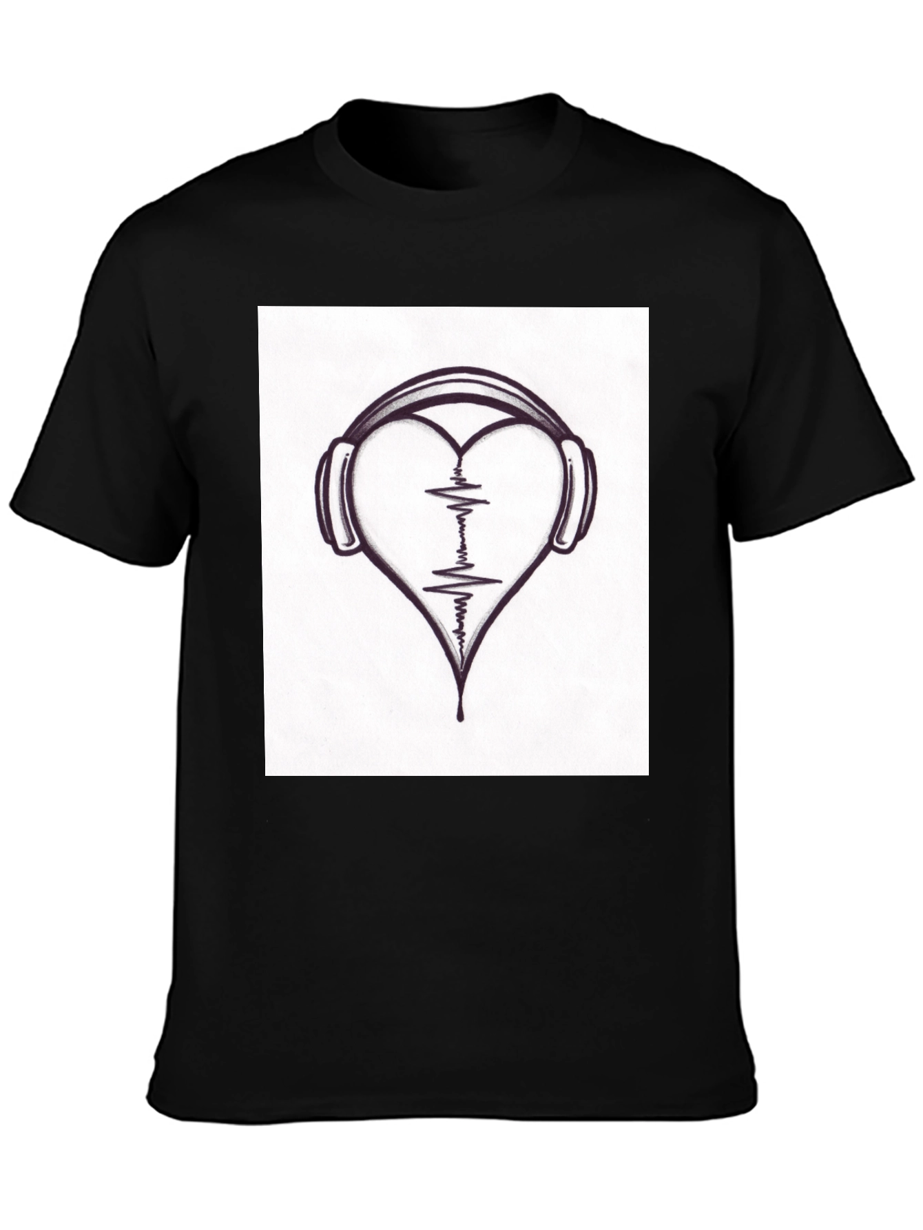 Heartbeat Headphones Black T-Shirt - Music Lover Tee