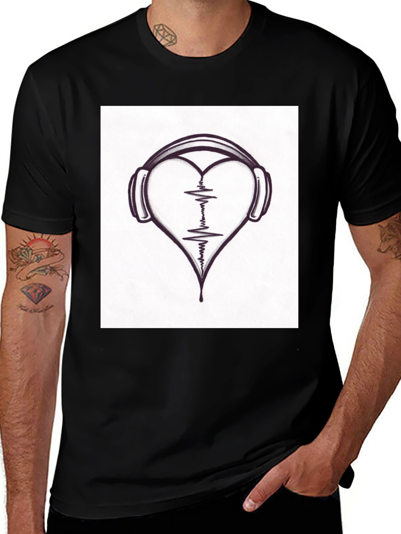 Heartbeat Headphones Black T-Shirt - Music Lover Tee