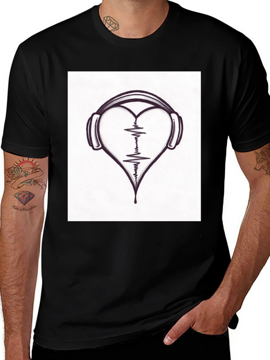 Heartbeat Headphones Black T-Shirt - Music Lover Tee