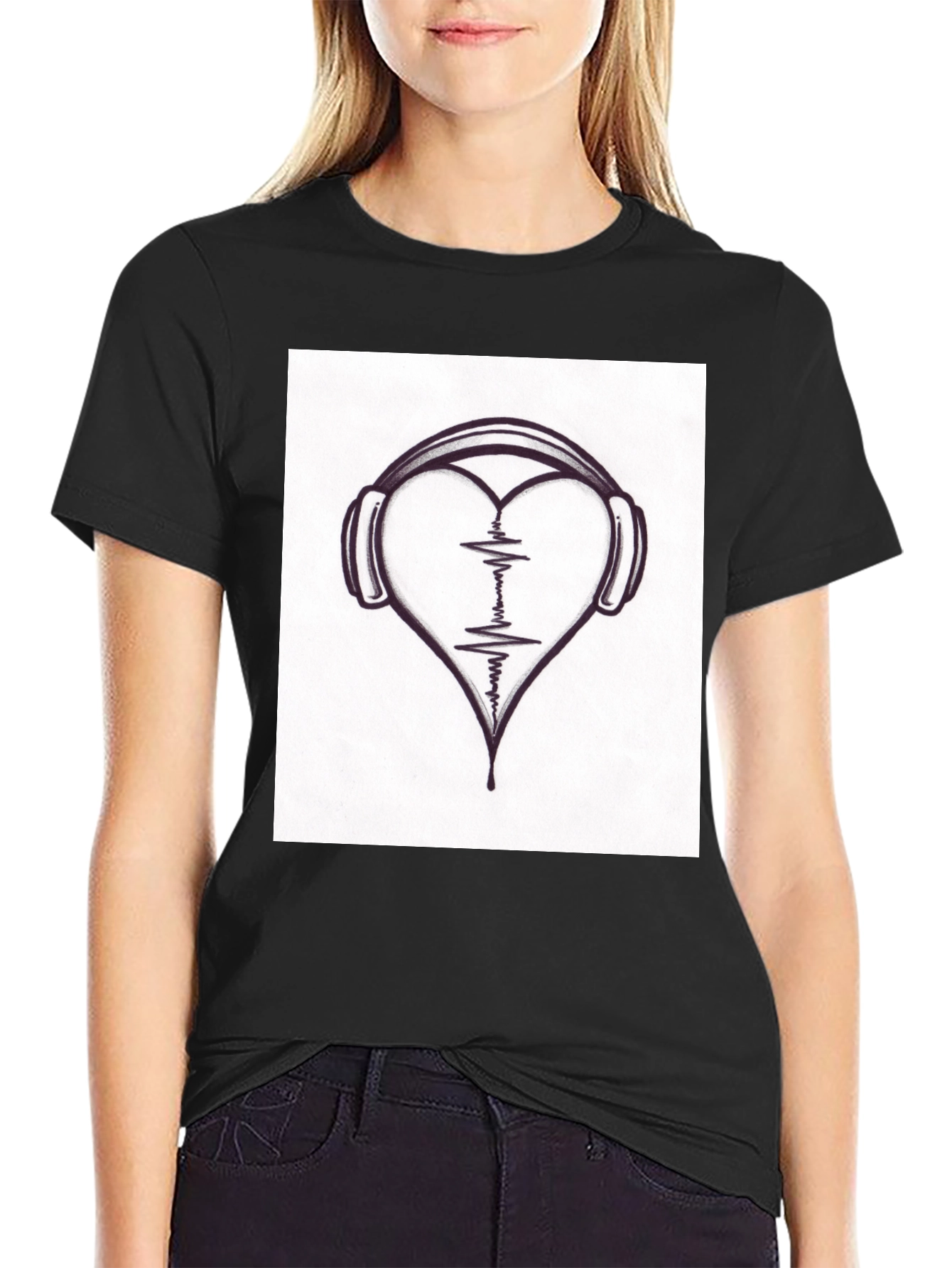 Heartbeat Headphones Black T-Shirt - Music Lover Tee