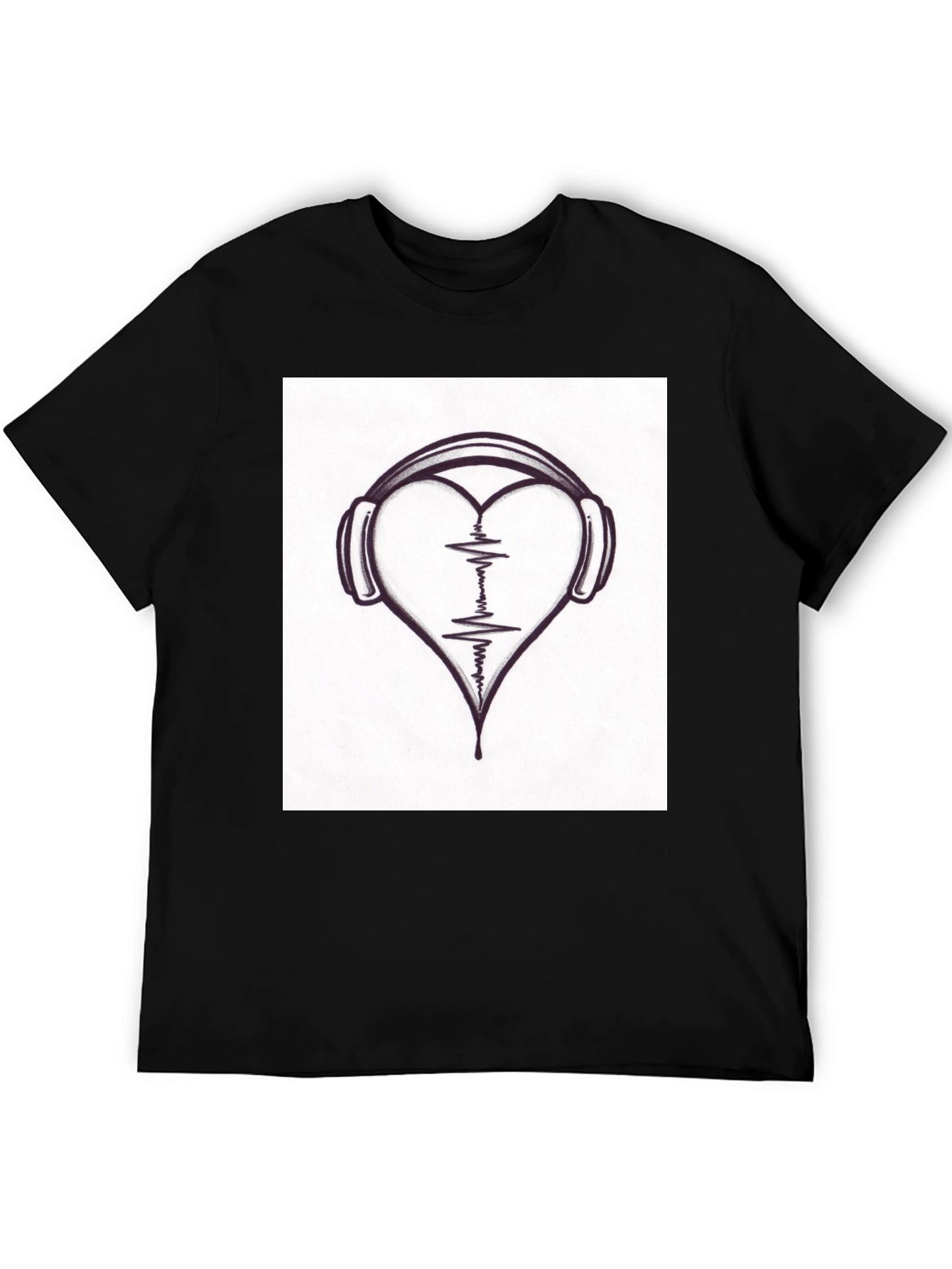 Heartbeat Headphones Black T-Shirt - Music Lover Tee