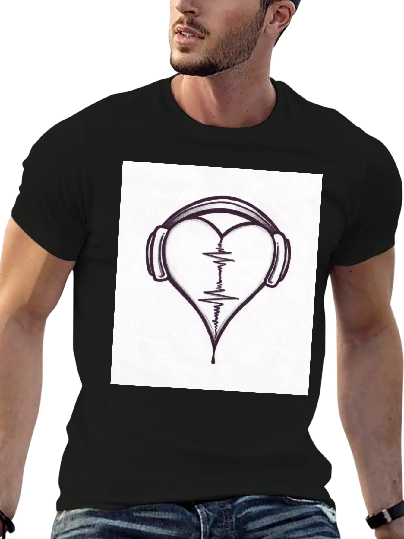 Heartbeat Headphones Black T-Shirt - Music Lover Tee