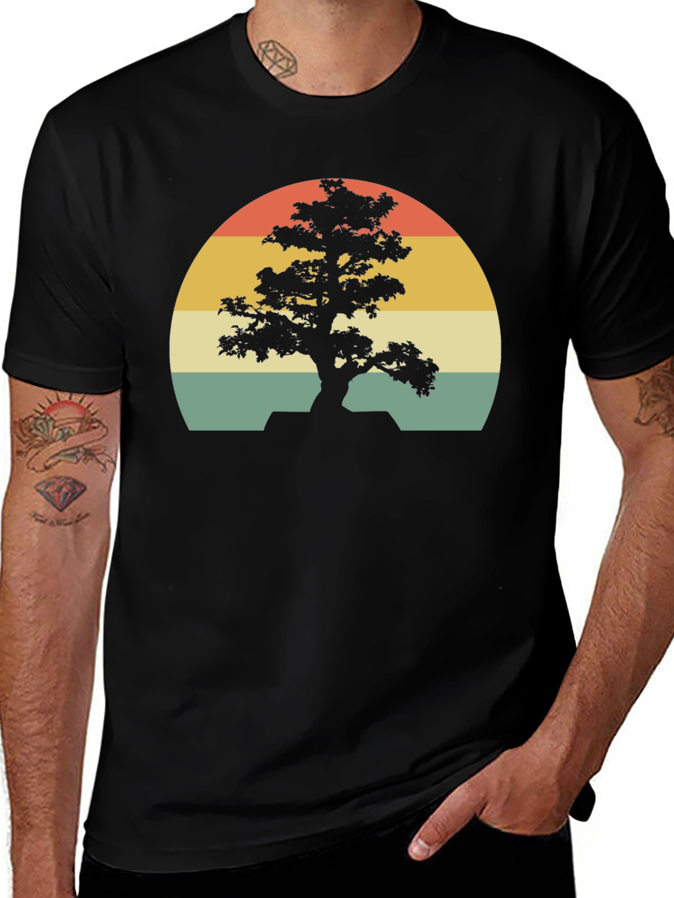 Bonsai Tree Sunset Graphic Tee - Retro Style Shirt