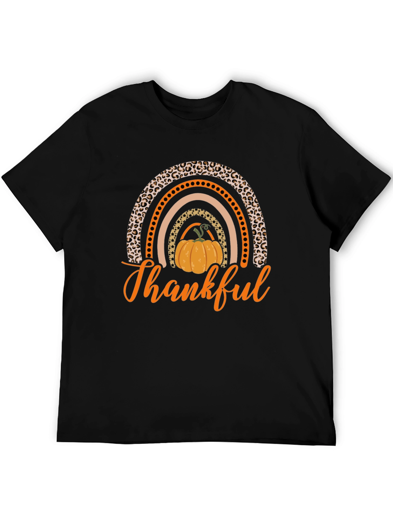 Thankful Pumpkin Rainbow Black T-Shirt