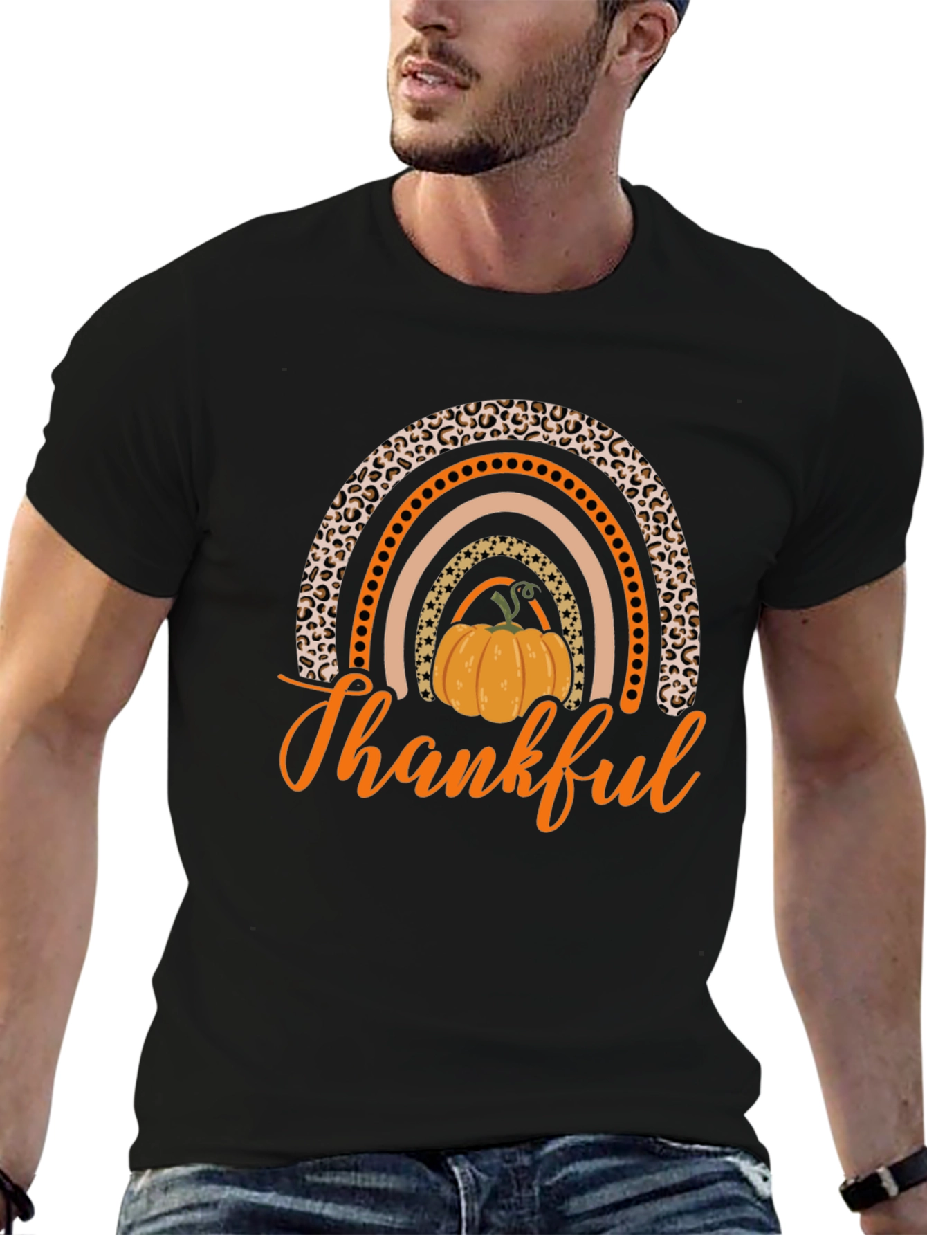Thankful Pumpkin Rainbow Black T-Shirt