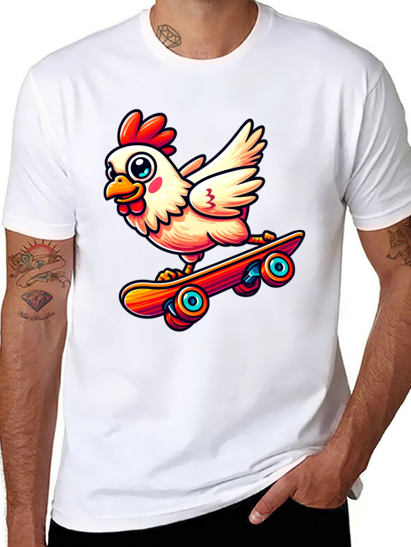 Skateboarding Chicken Graphic Tee - Black Cotton Shirt