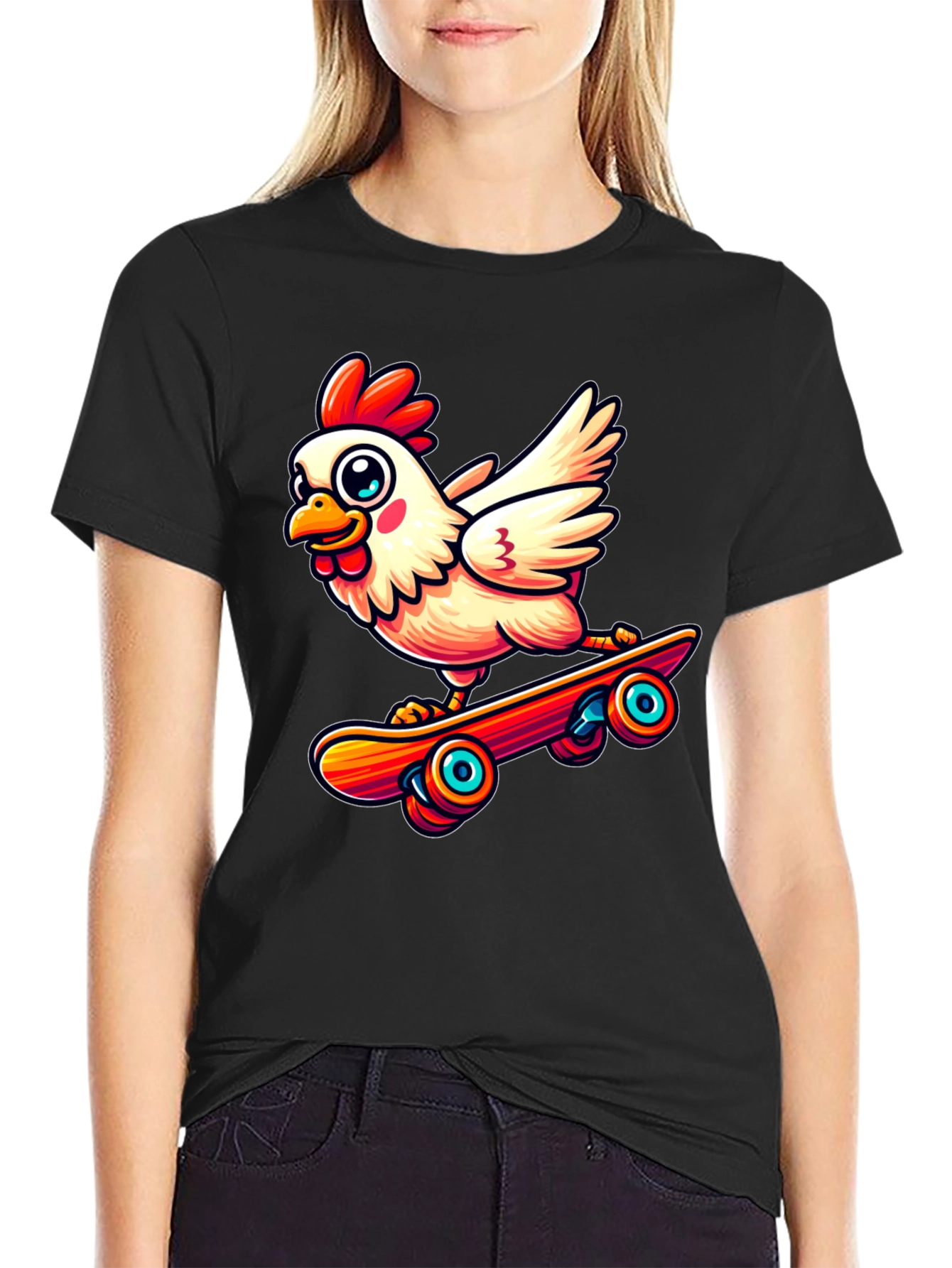 Skateboarding Chicken Graphic Tee - Black Cotton Shirt