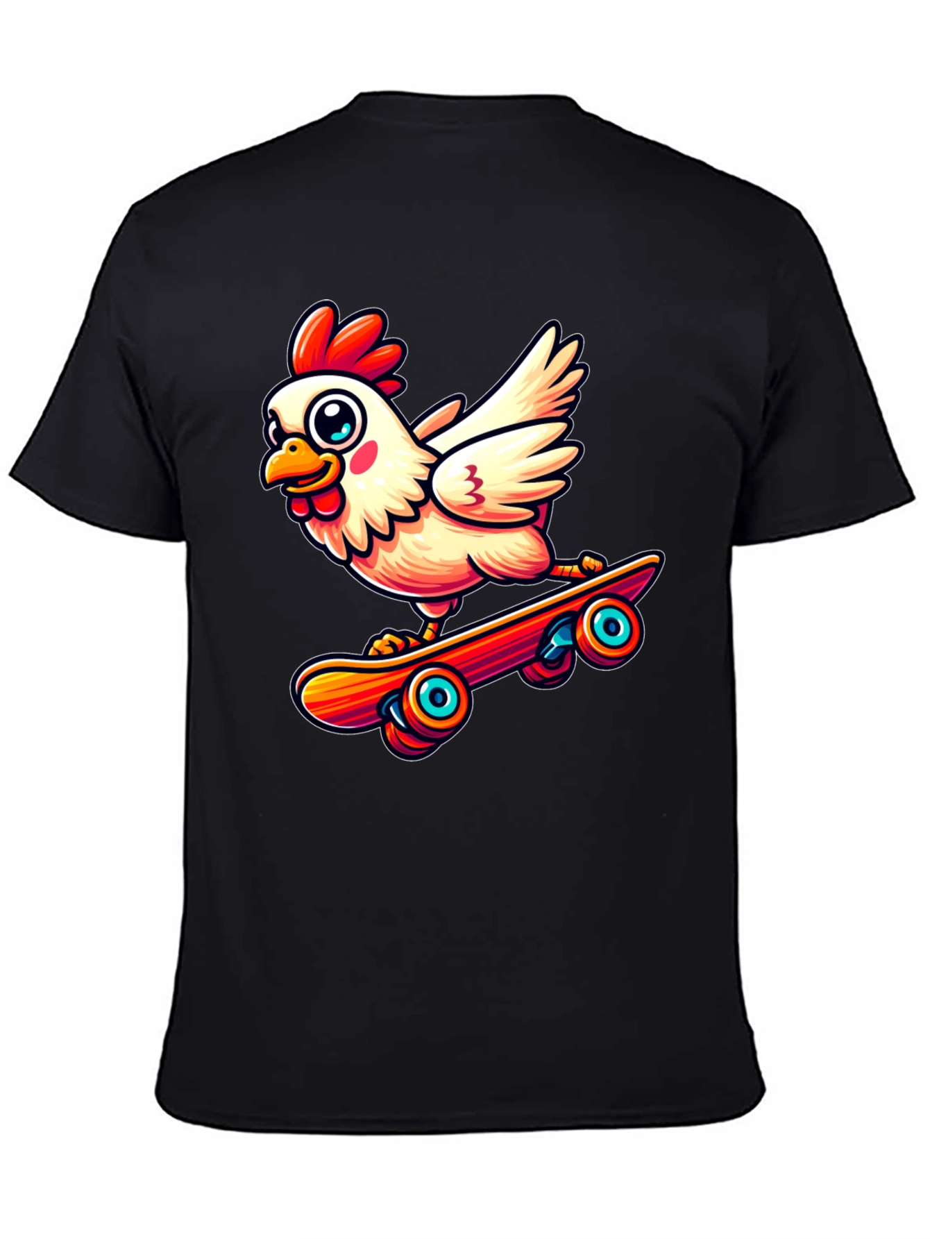 Skateboarding Chicken Graphic Tee - Black Cotton Shirt