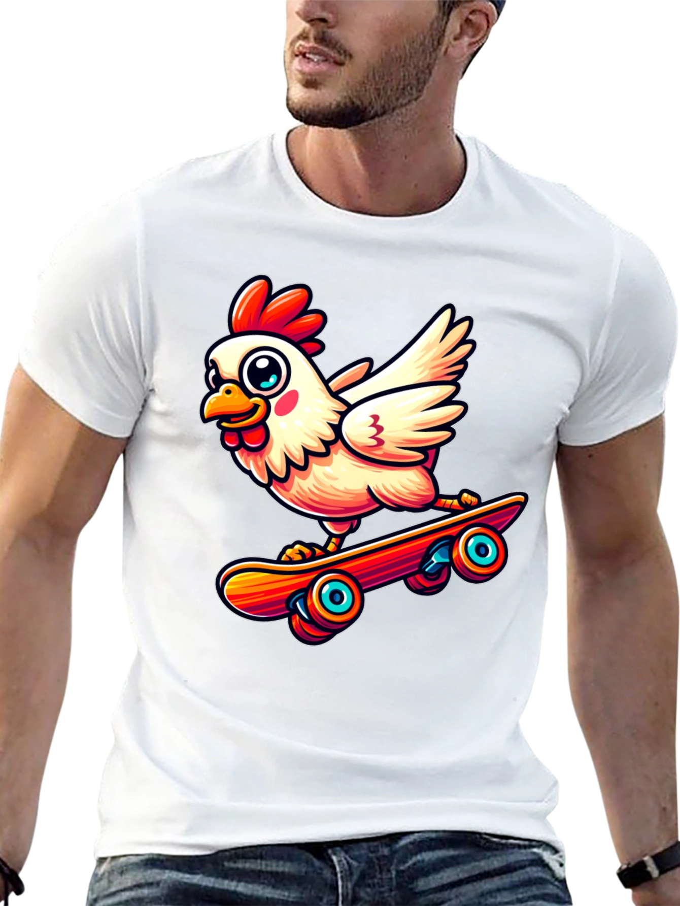 Skateboarding Chicken Graphic Tee - Black Cotton Shirt