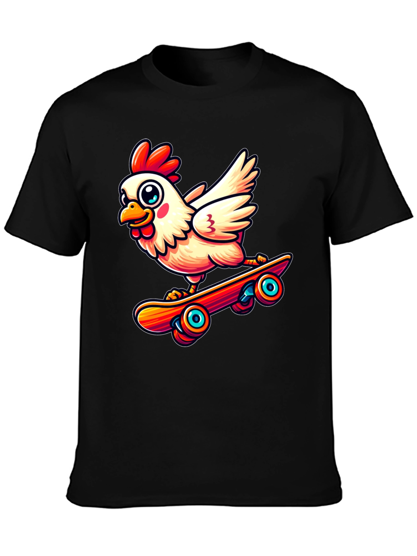 Skateboarding Chicken Graphic Tee - Black Cotton Shirt