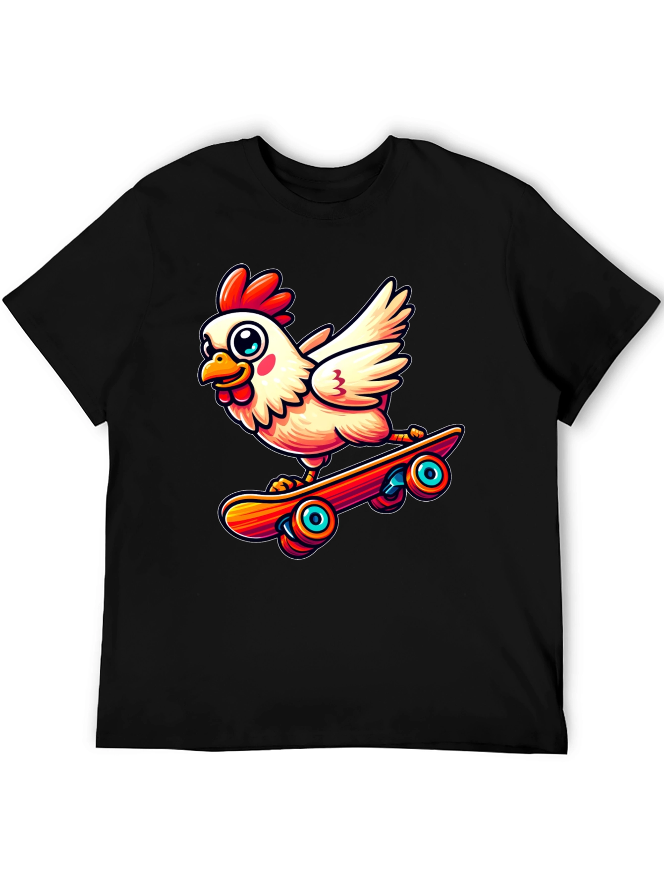 Skateboarding Chicken Graphic Tee - Black Cotton Shirt