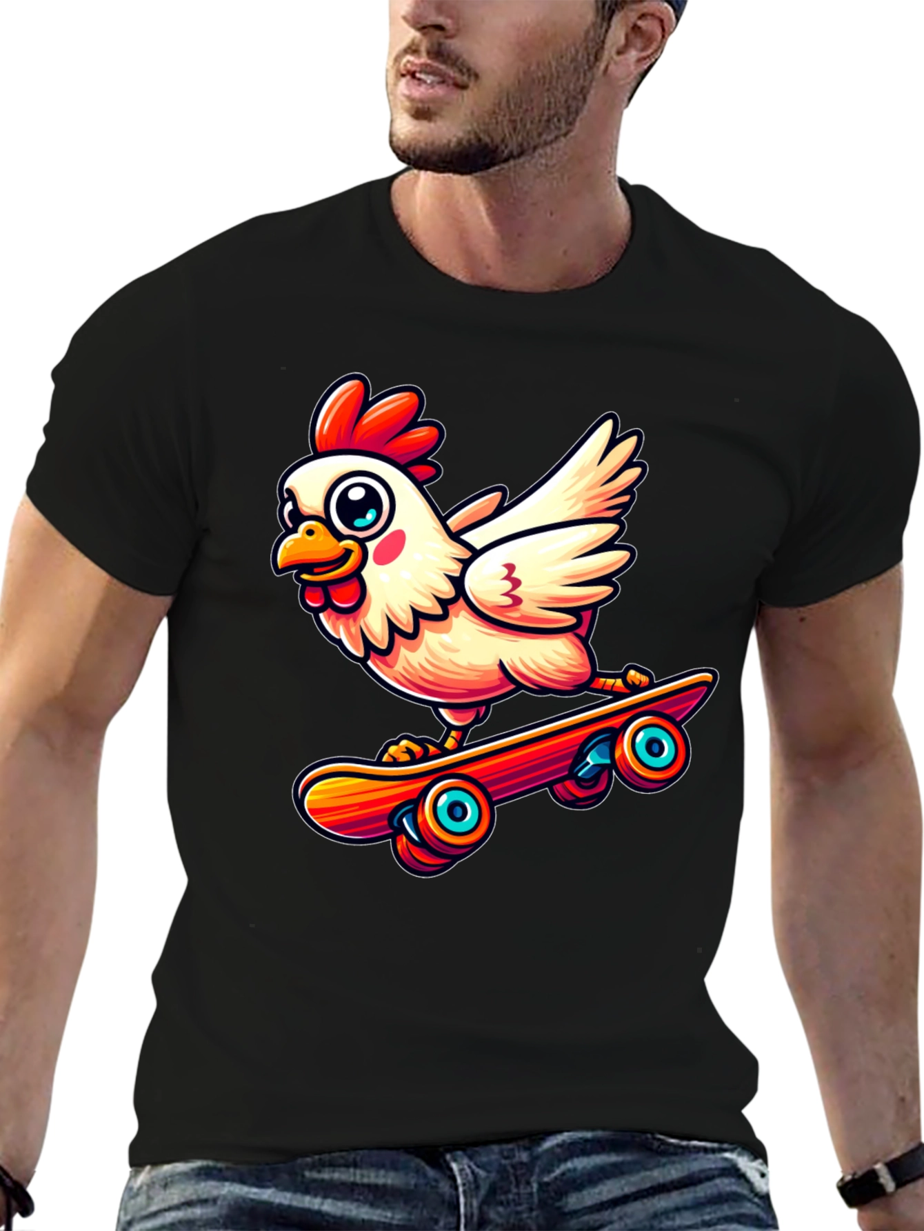 Skateboarding Chicken Graphic Tee - Black Cotton Shirt