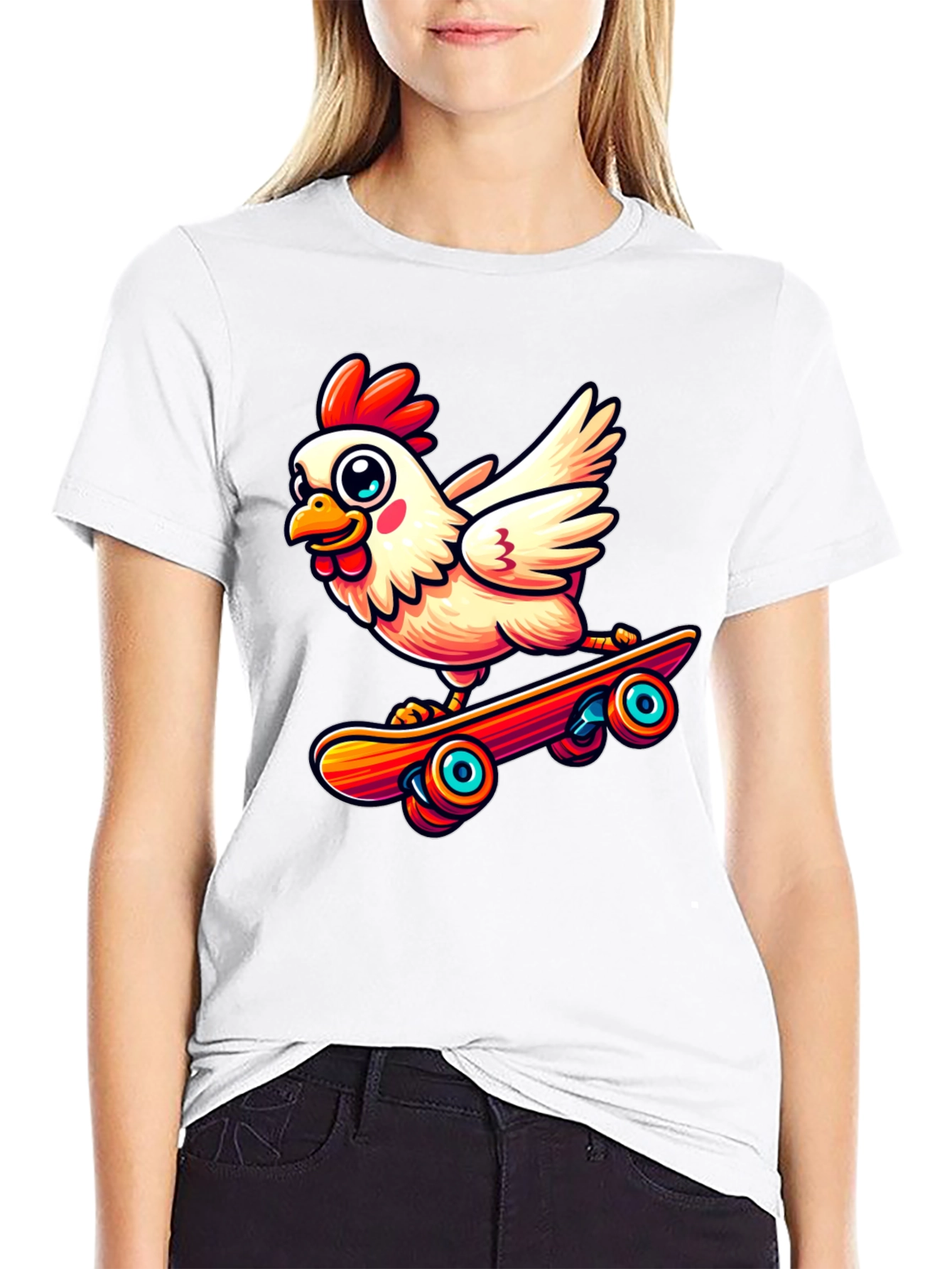 Skateboarding Chicken Graphic Tee - Black Cotton Shirt