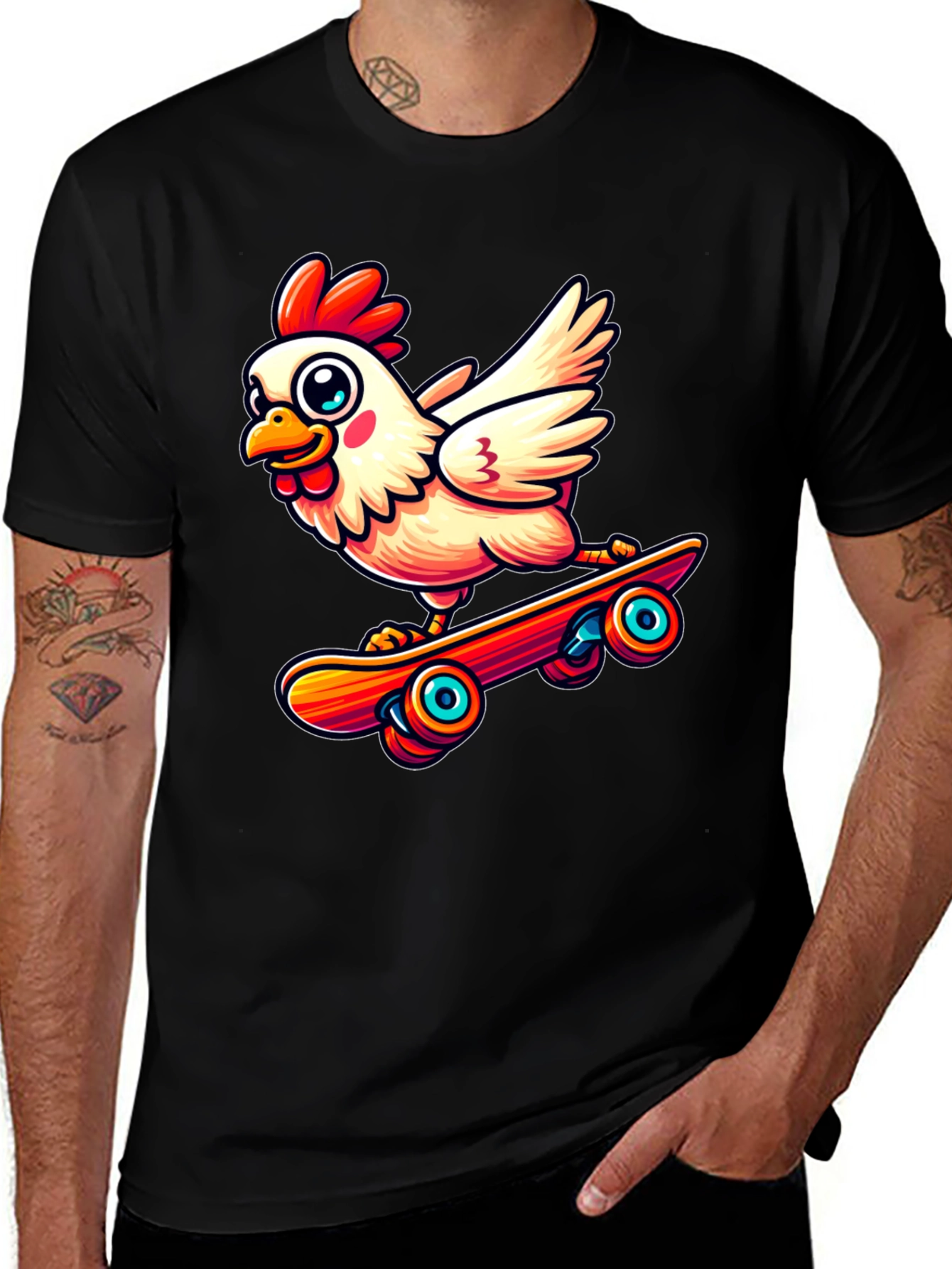 Skateboarding Chicken Graphic Tee - Black Cotton Shirt